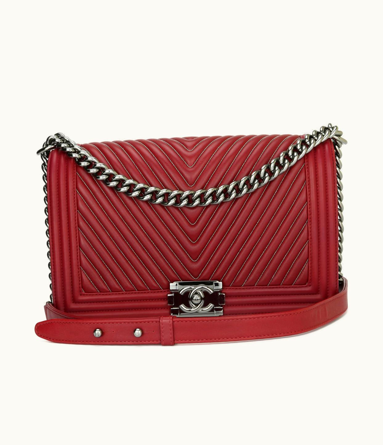 Chanel Chanel New Medium Chevron Boy Dark Red Embroidered Calfskin Light Gunmetal Hardware 2014