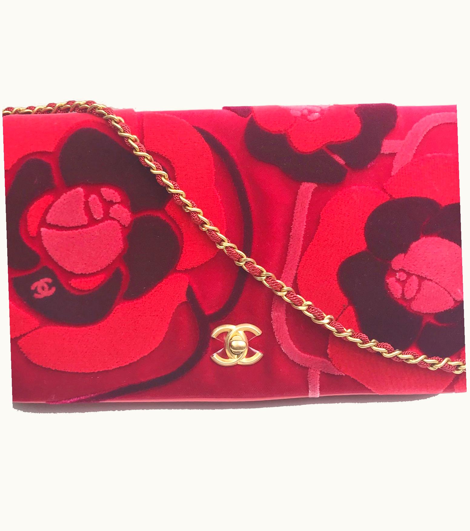 Chanel Chanel Brand New Red Camellia Velvet Clutch Crossbody Bag