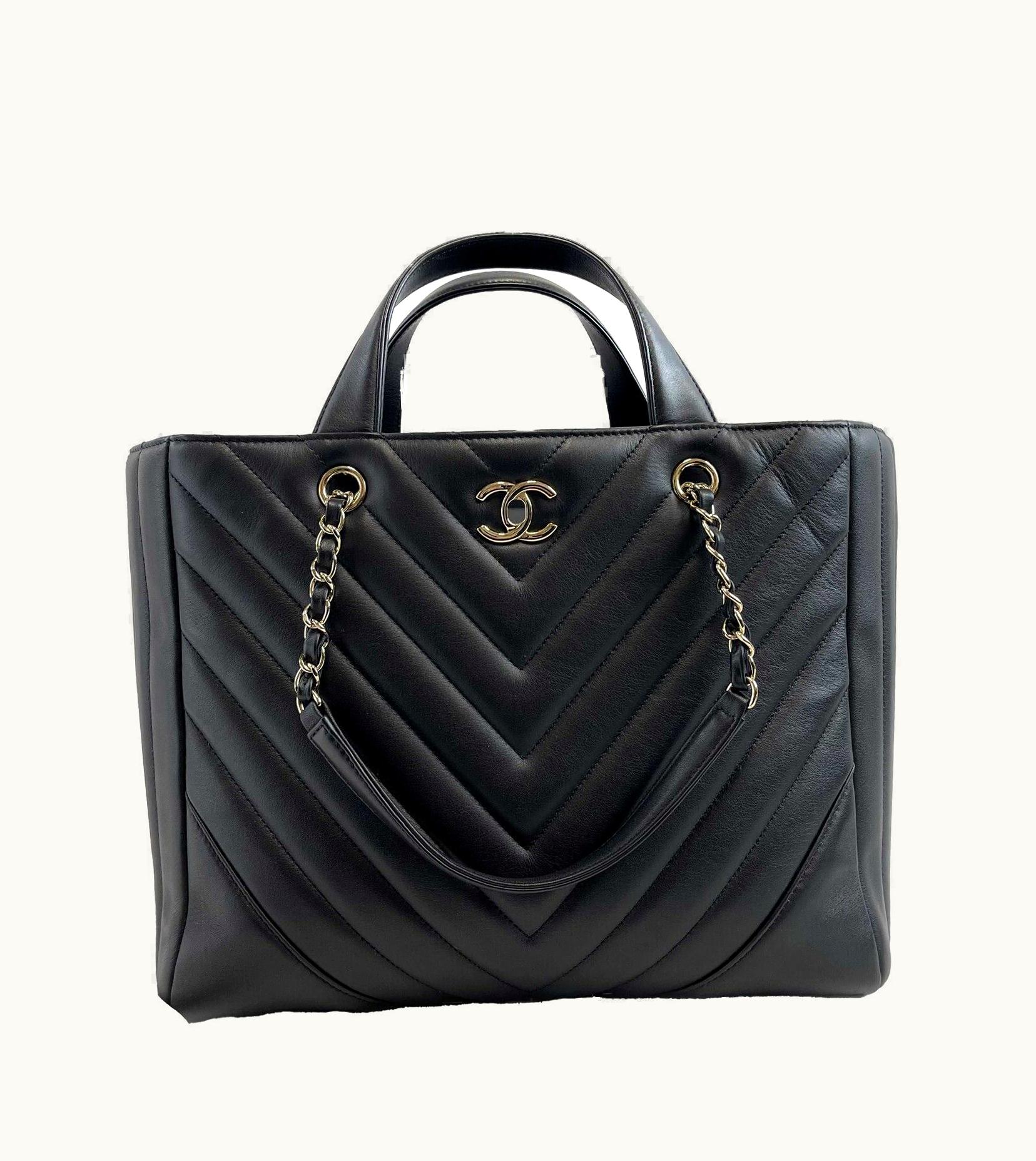 Chanel Chanel - Large Shopping Tote Black Chevron Leather CC Tote W/ Shoulder Strap