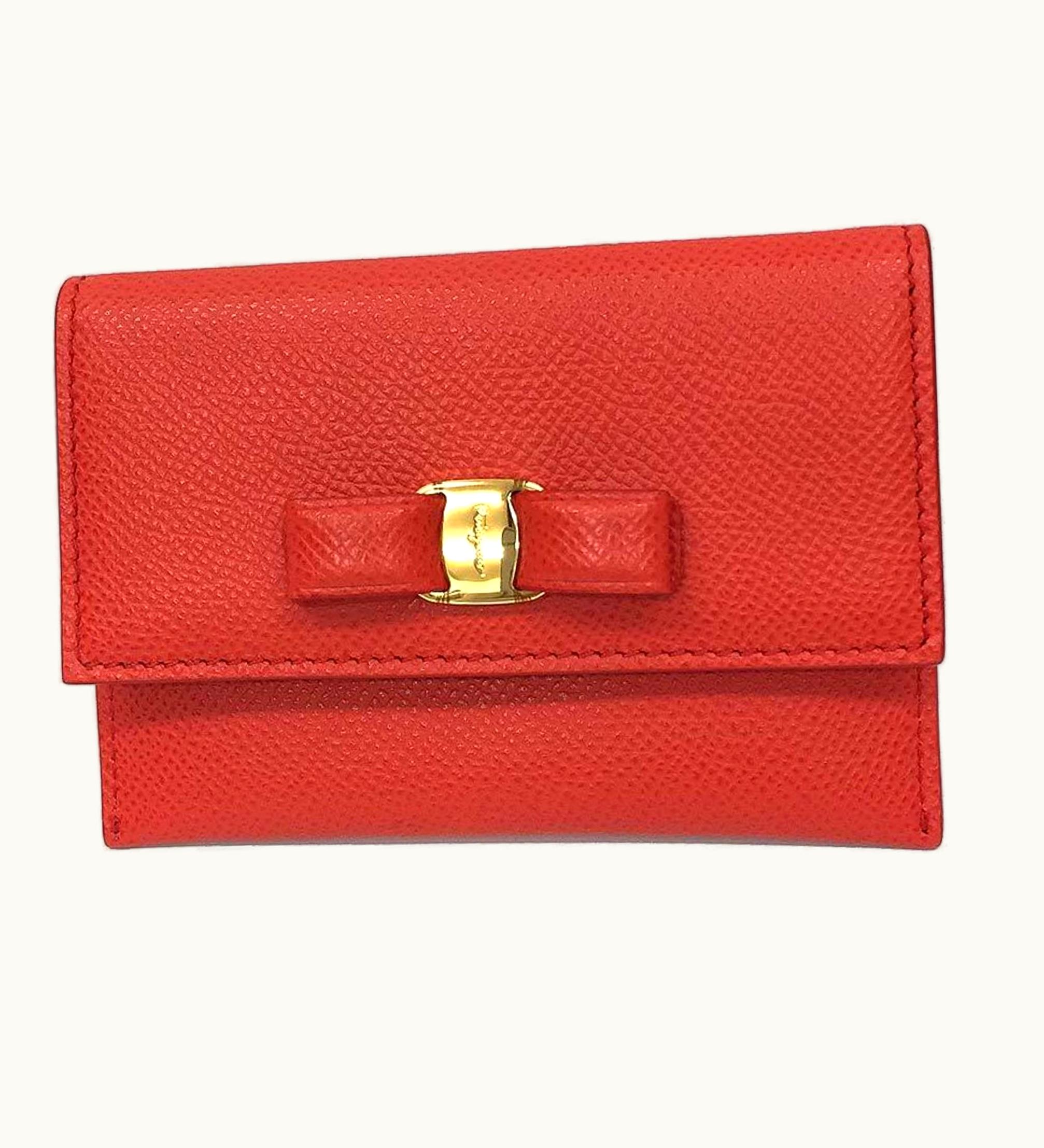 Salvatore Ferragamo Salvatore Ferragamo Business Card Holder Case Vara Bow Leather Pink Orange Ribbon Wallet