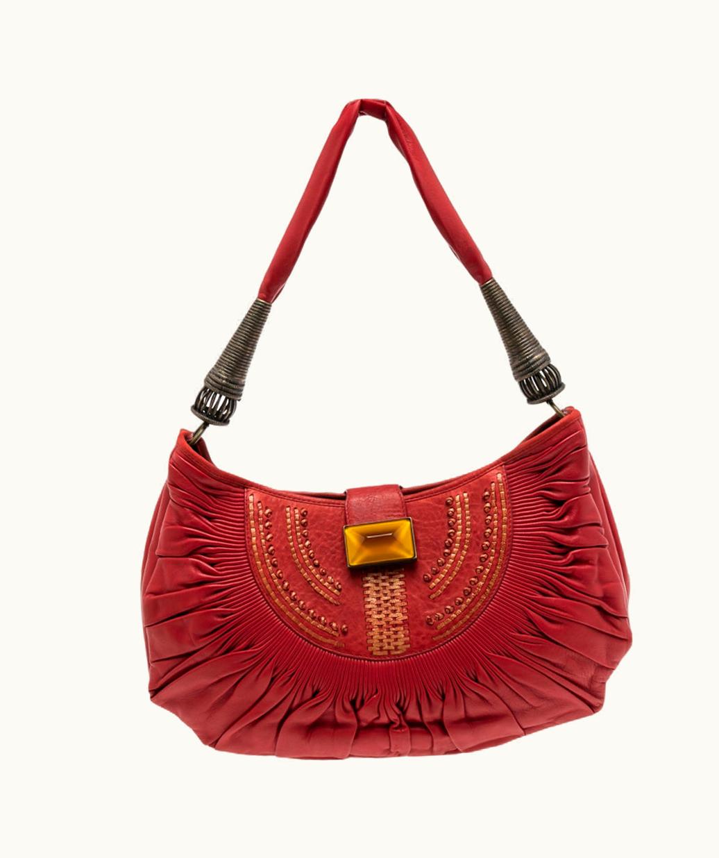 Dior DIOR Plisse Pleated Leather Hobo Red