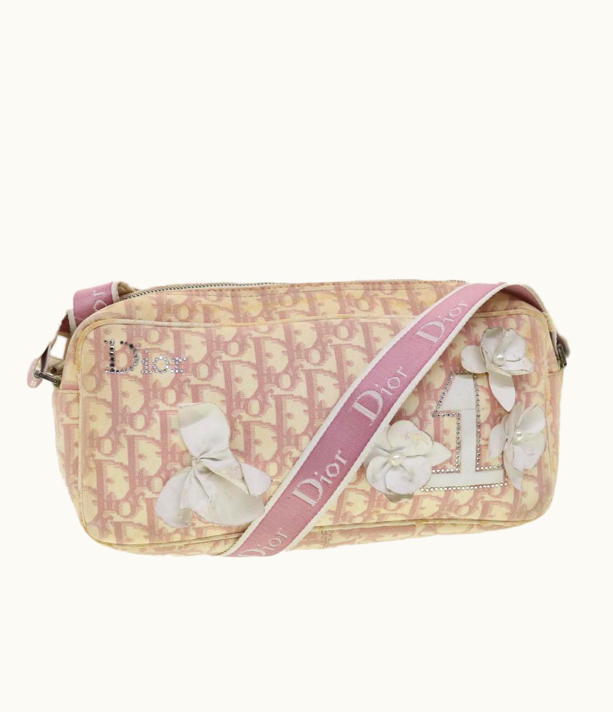 Dior Dior Christian Dior Trotter Canvas Flower Shoulder Bag Pink