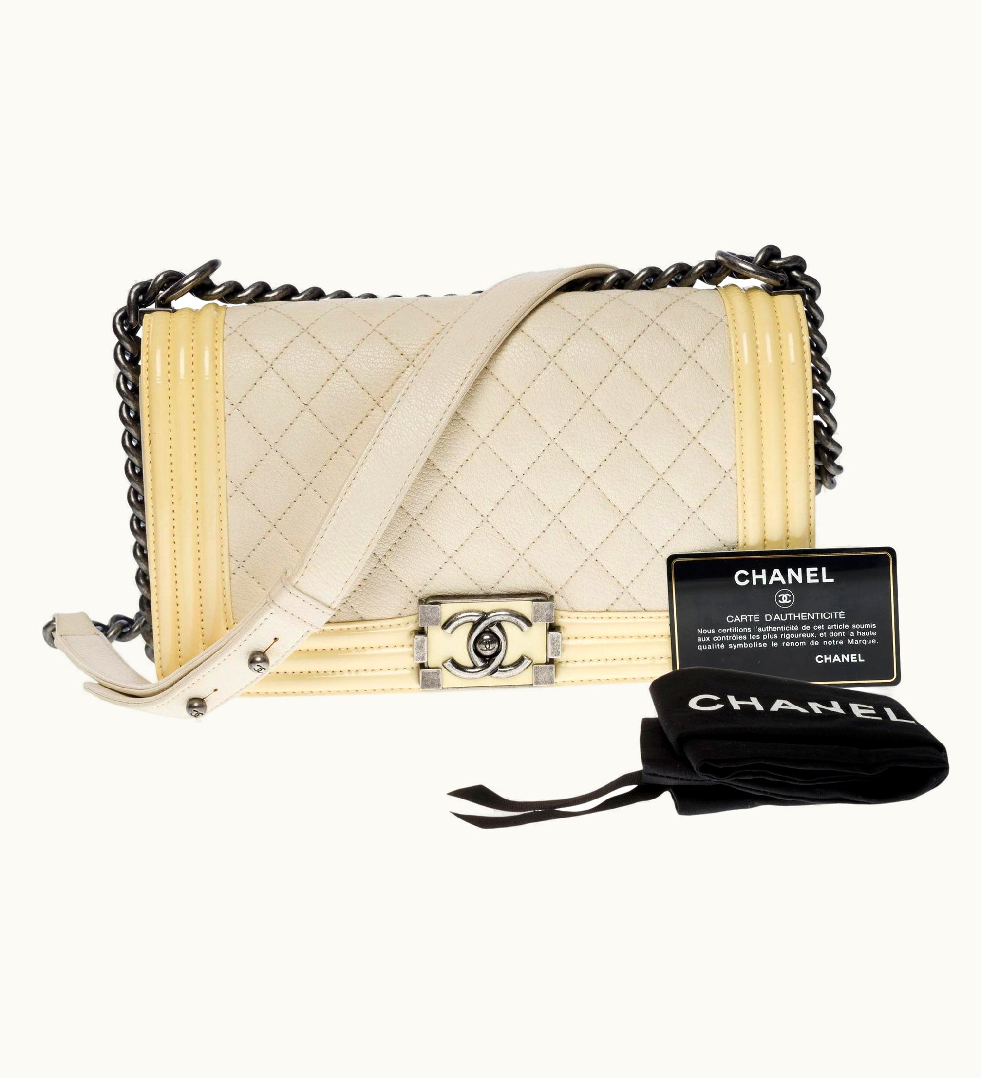 Chanel Chanel Boy Medium Shoulder Bag In Beige Caviar & Yellow Patent Leather