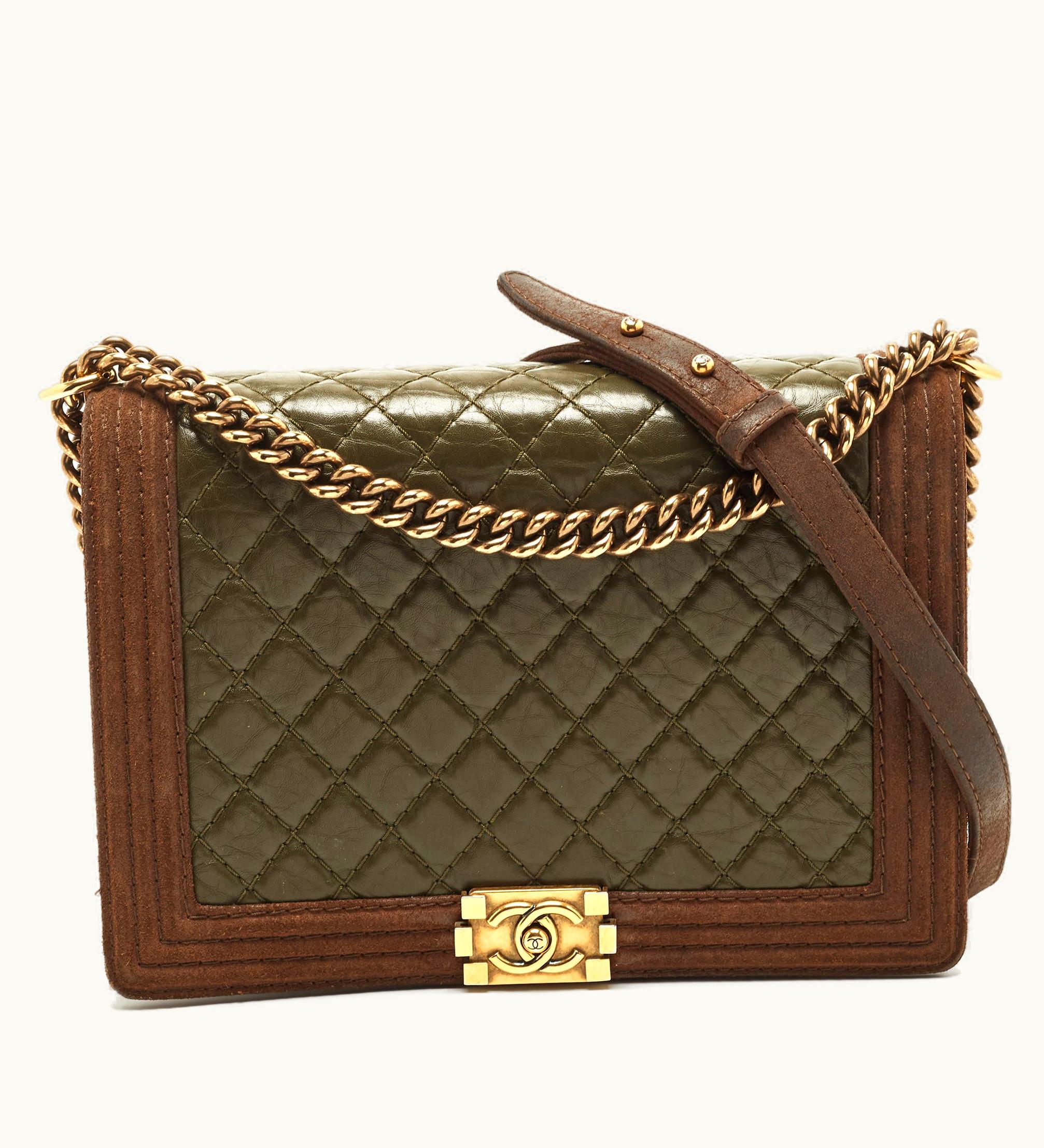 Chanel Chanel Brown/Olive Green Quilted Leather Large Paris-Edinburgh Boy Bag
