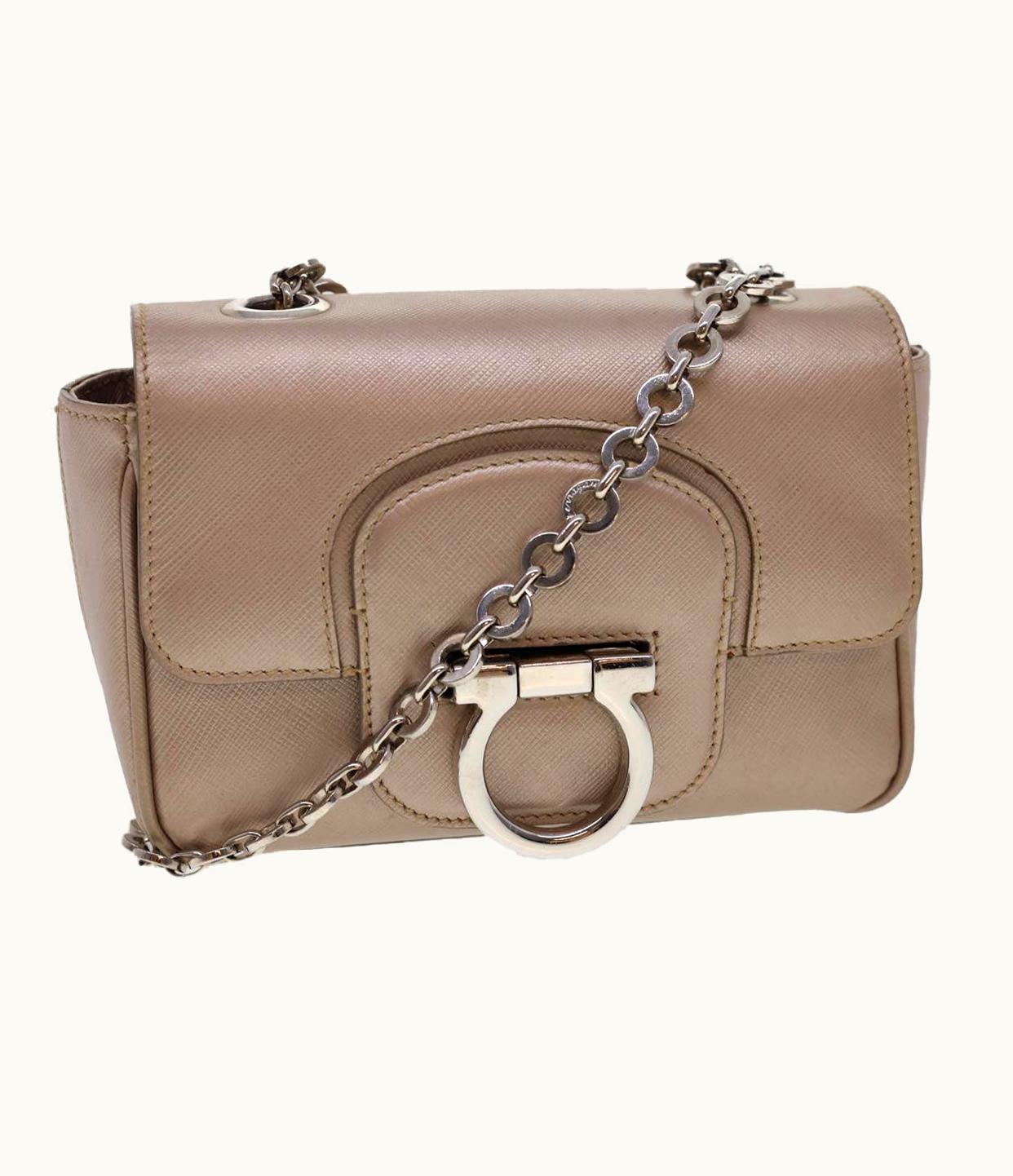 Salvatore Ferragamo Salvatore Ferragamo Safiano Gancini Chain Shoulder Bag Leather Beige