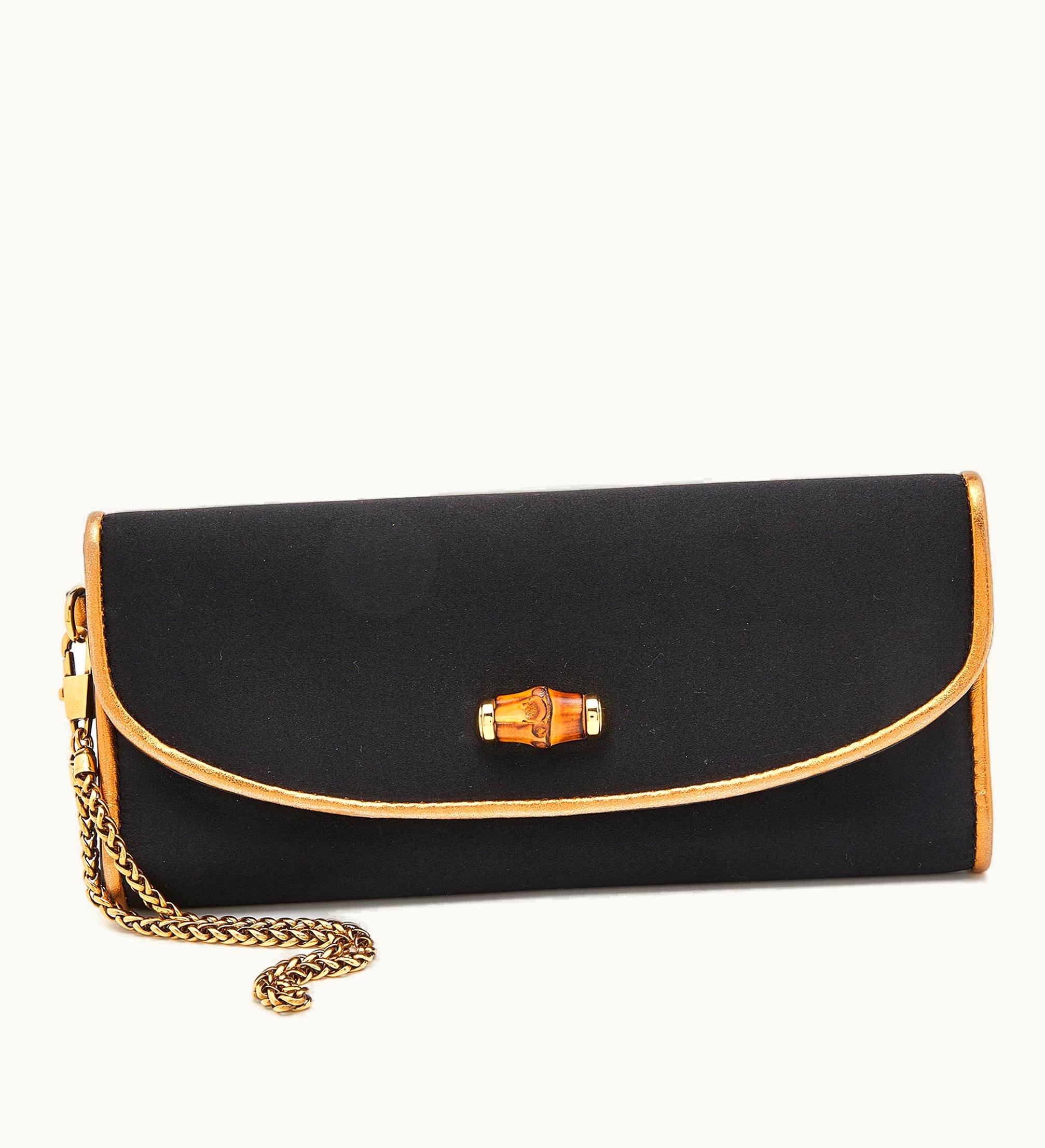 Gucci Gucci Black Satin And Leather Wristlet Clutch