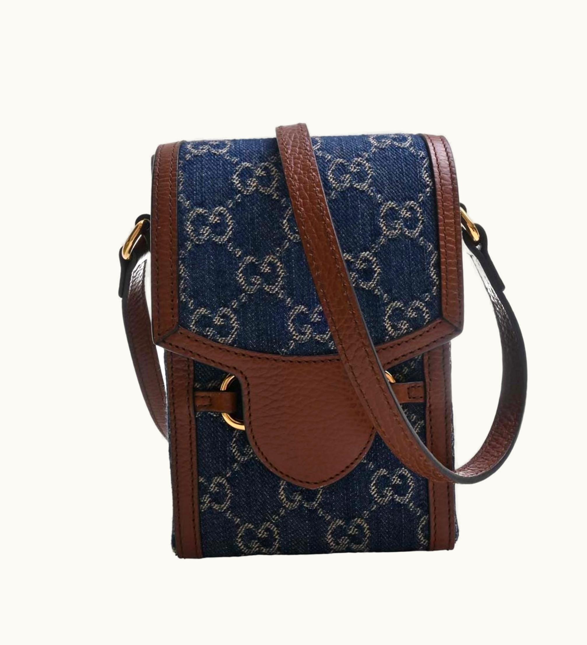 Gucci Gucci Horsebit 1955 GG Leather Shoulder Bag 625615 Blue/Brown Women's