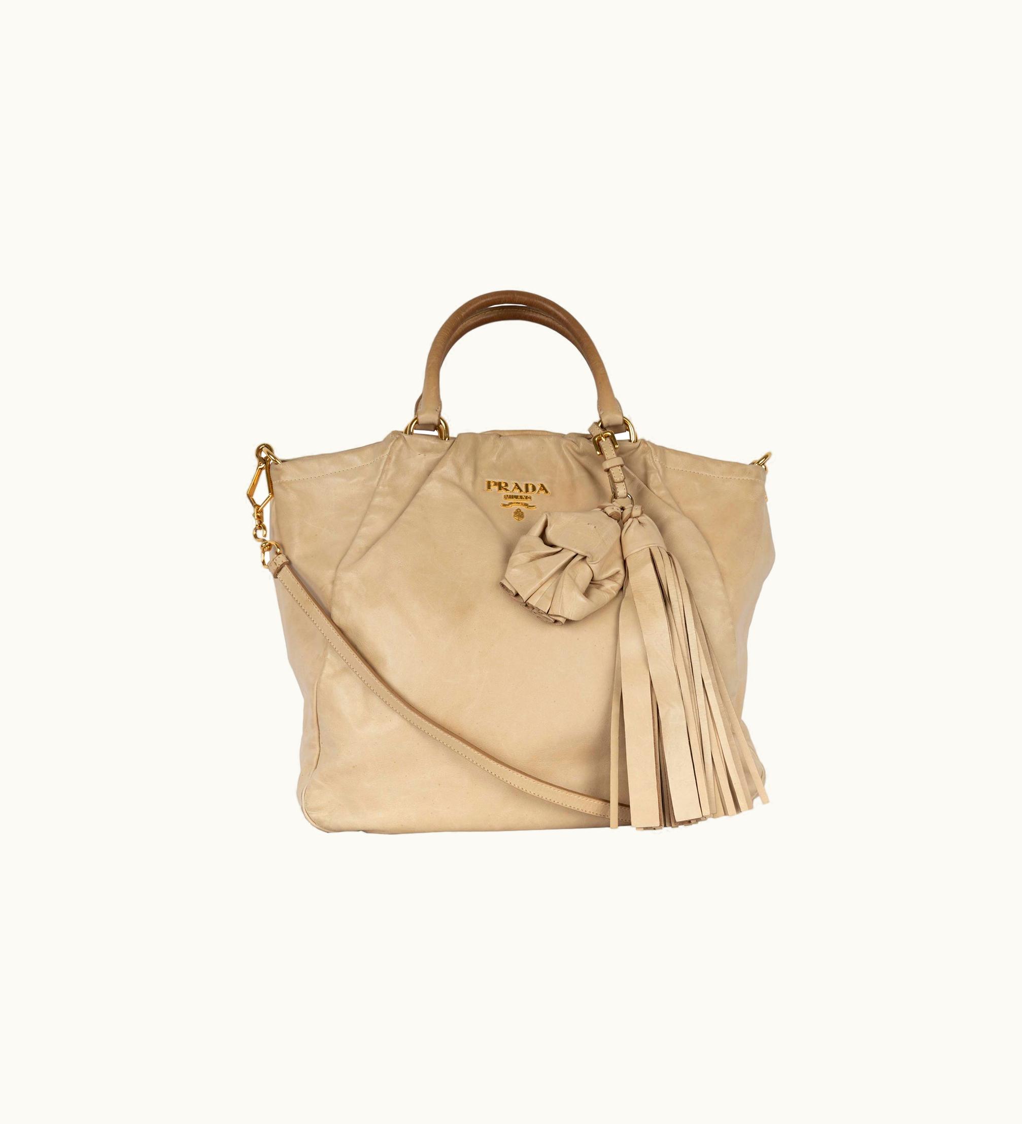 Prada Prada Prada Beige Leather Hobo Handbag With Strap