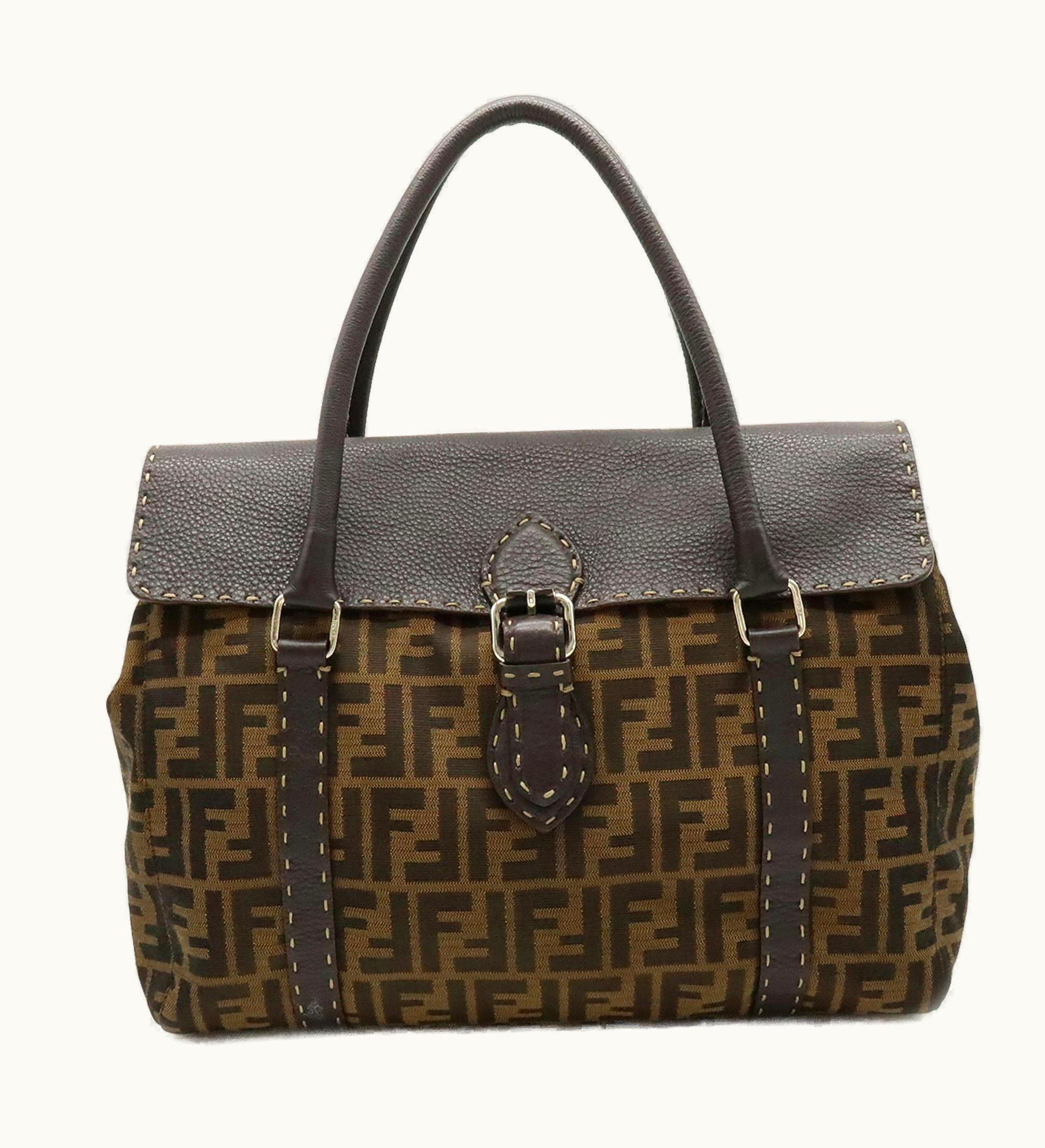 Fendi Fendi Zucca Pattern Selleria Linda Bag Handbag Canvas Leather Khaki Brown Dark 8Br449