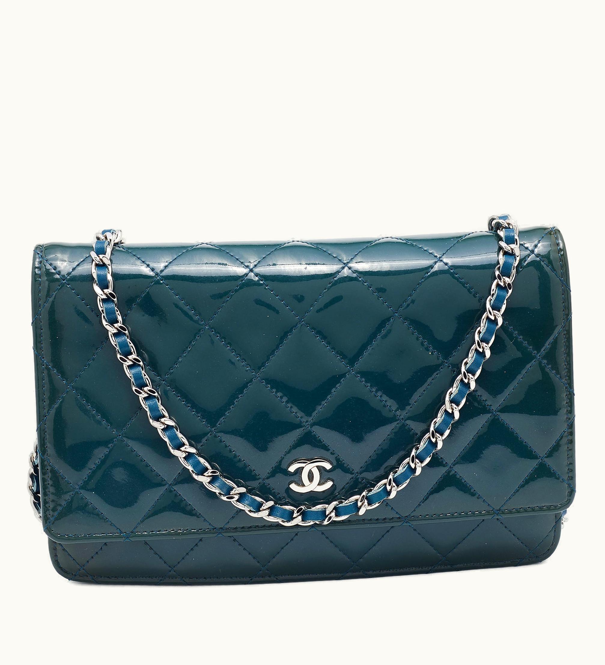 Chanel Chanel Teal Blue Quilted Patent Leather Woc Clutch