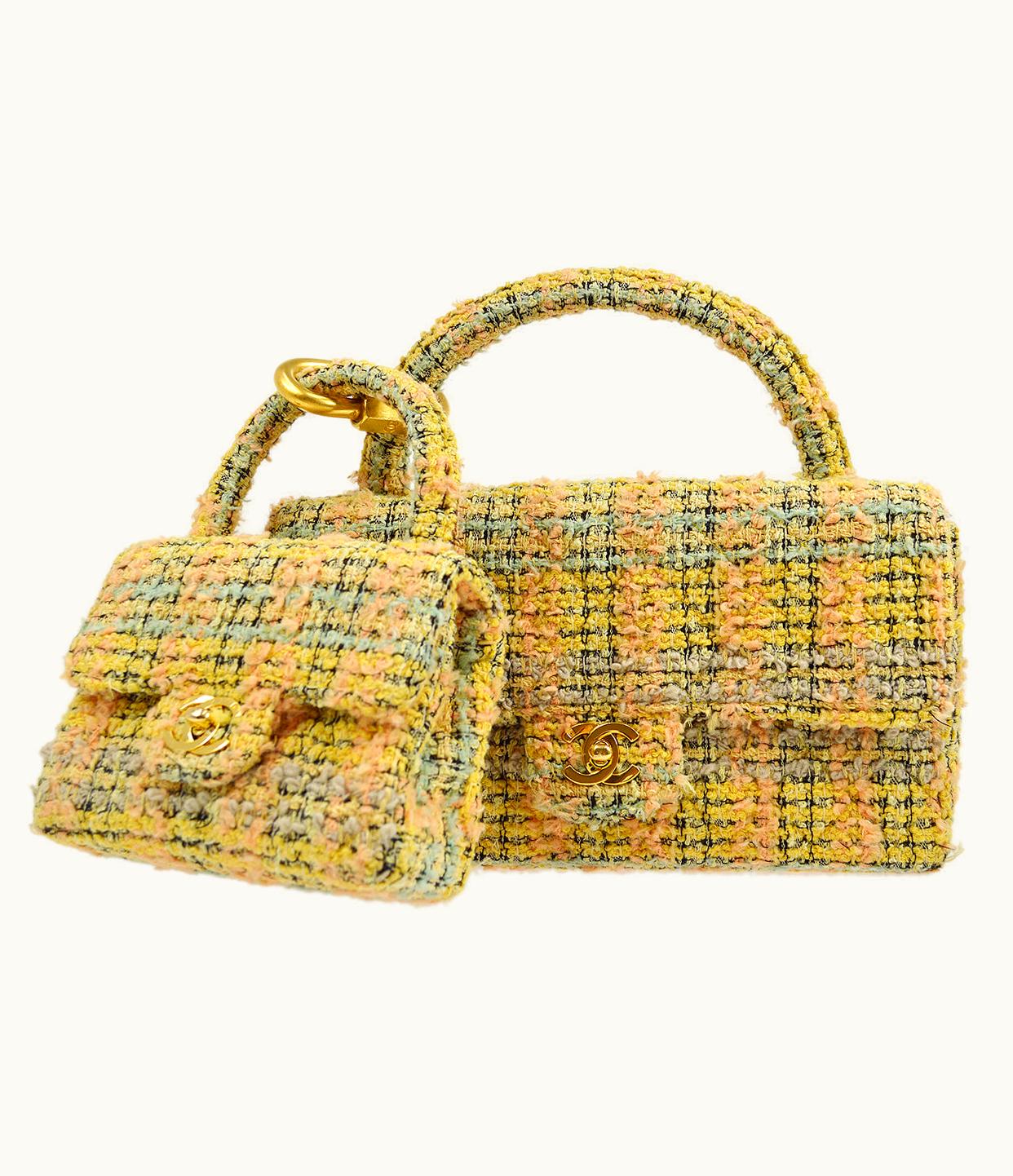 Chanel Chanel * 1991-1994 Top Handle Bag Set Yellow Tweed 74703