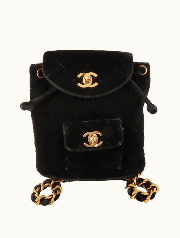 Chanel Chanel Around 1995 Made Double Turn-Lock Velour Backpack Mini Black