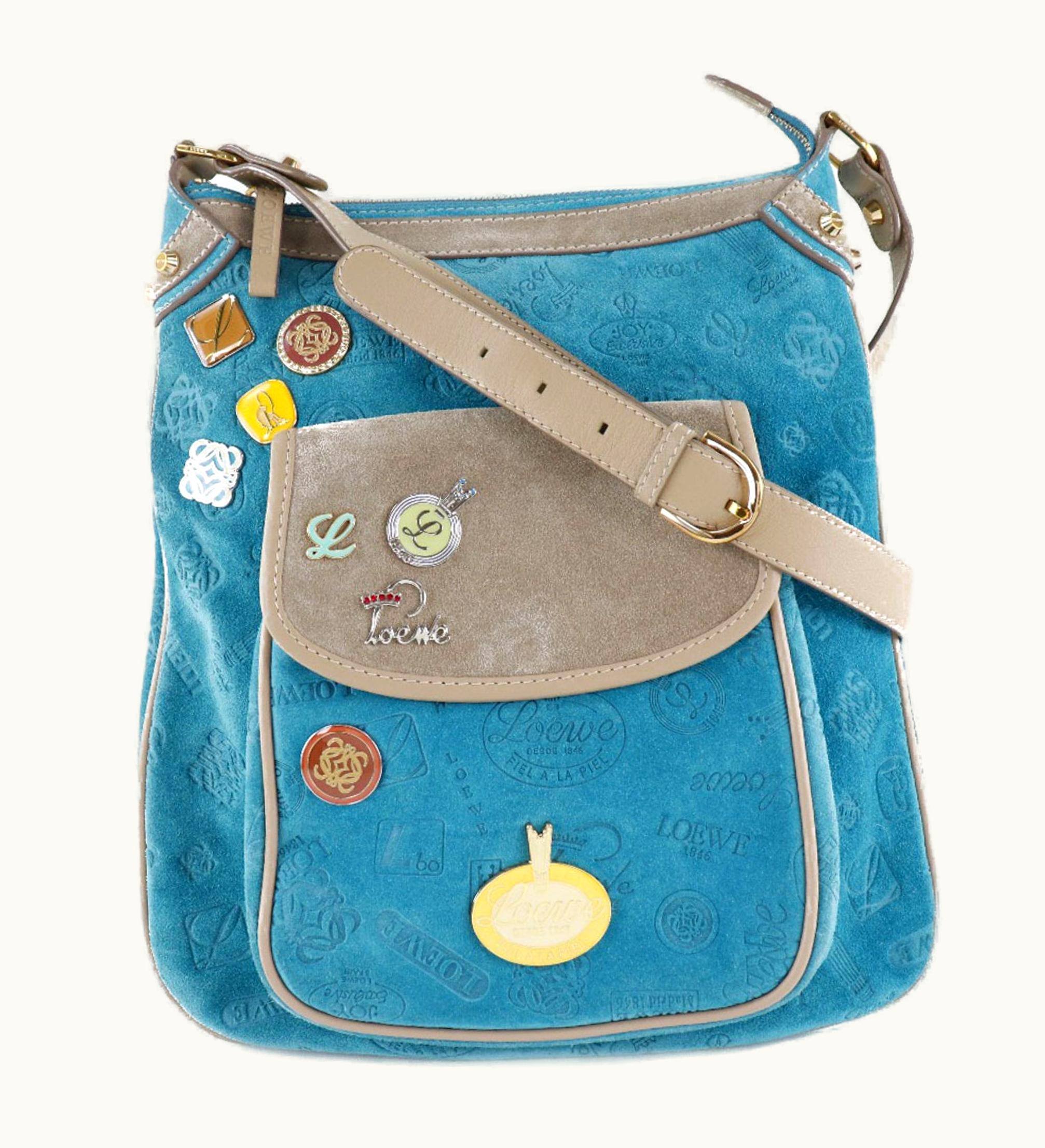 Loewe Loewe 160Th Anniversary Pin Badge Design Suede X Leather Blue Women's Shoulder Bag