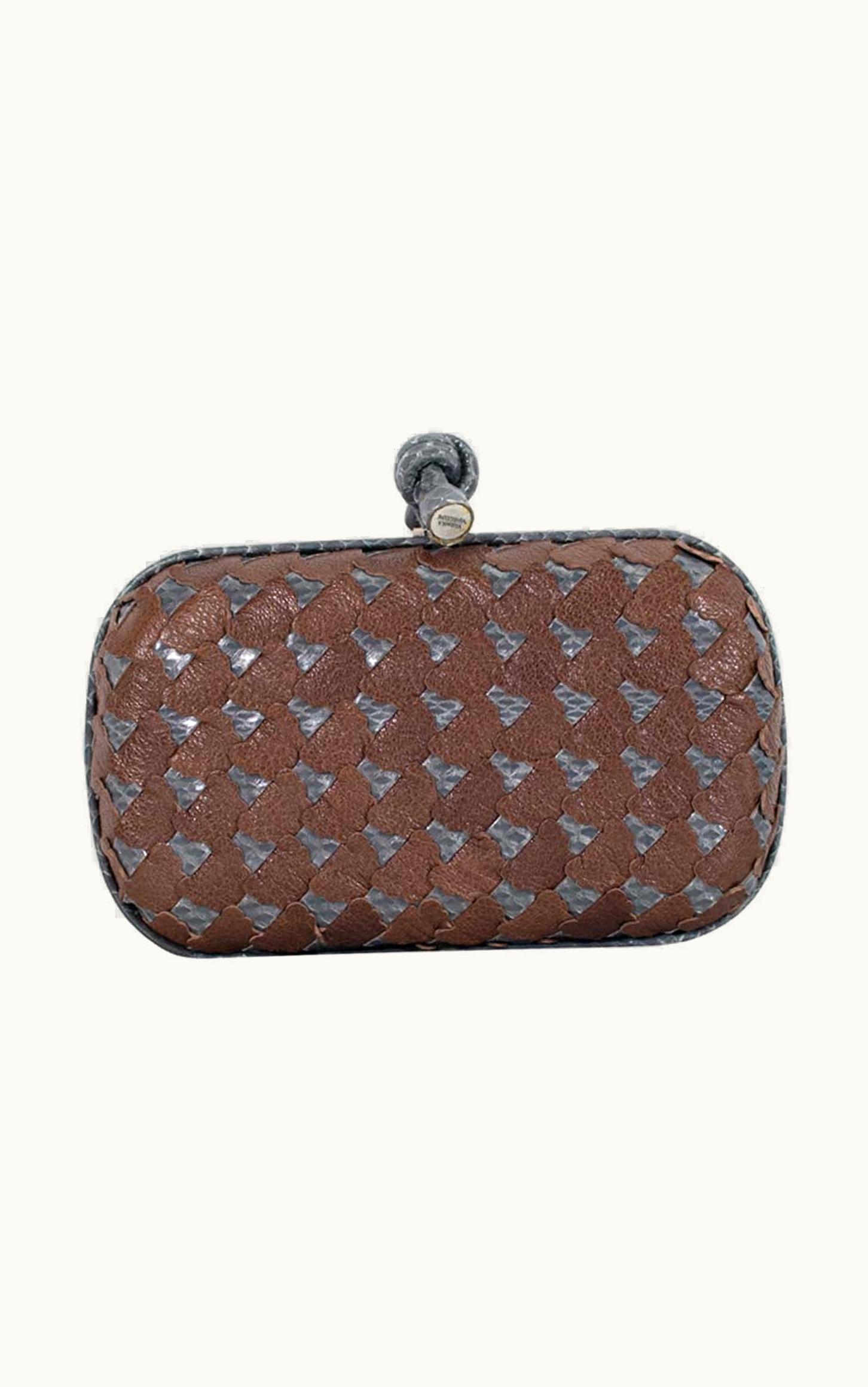 Bottega Veneta Bottega Veneta Grey Snakeskin And Brown Leather Laser Cut Clutch