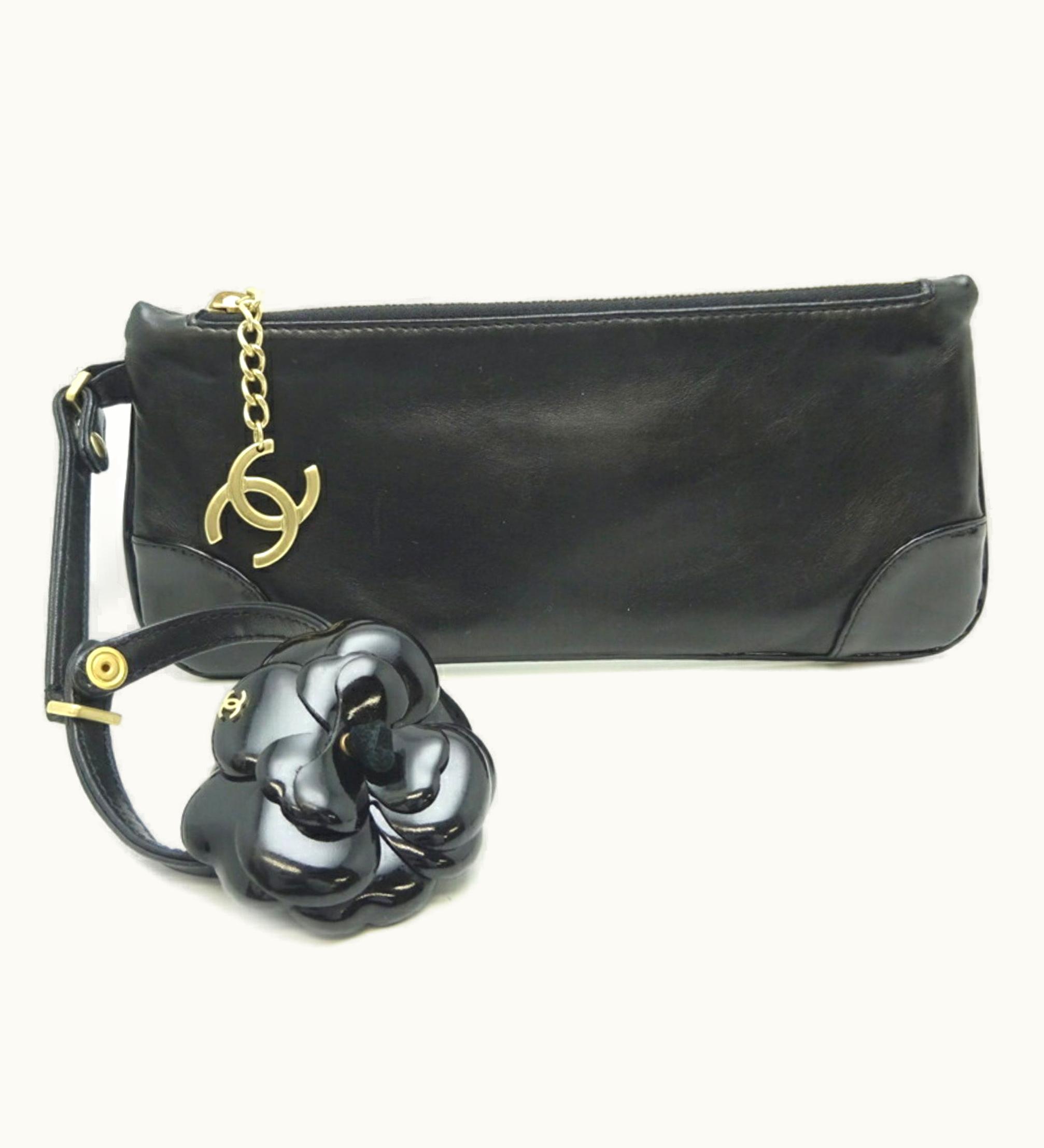 Chanel Chanel Camellia Pouch Women's And Men's Handbag Leather Black