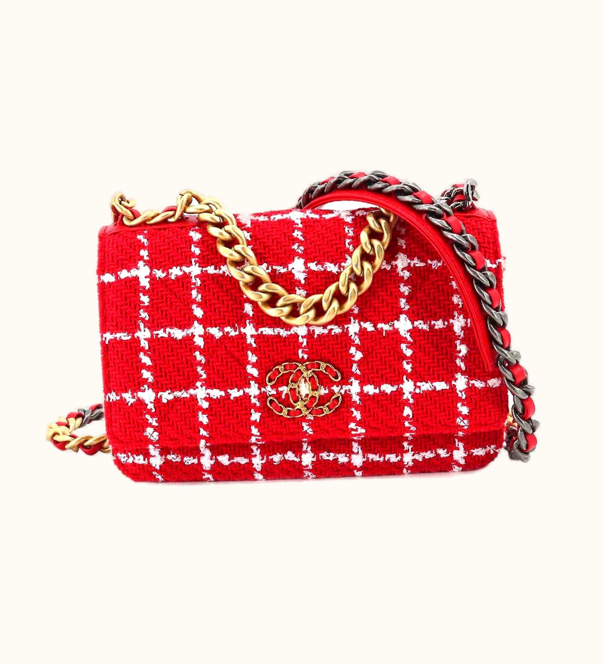 Chanel Chanel 19 Chain Wallet Long Tweed Leather Red White Check Ap3267