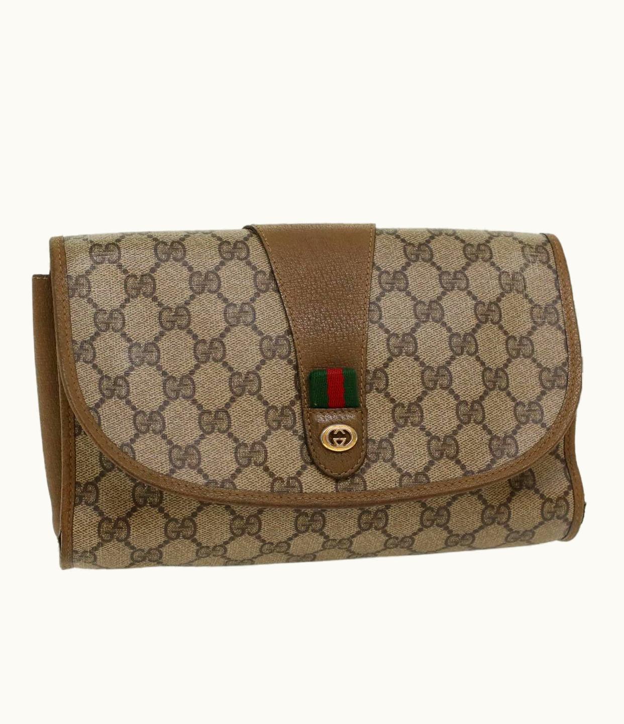 Gucci Gucci GG Canvas Web Sherry Line Clutch Bag Pvc Leather Beige Green
