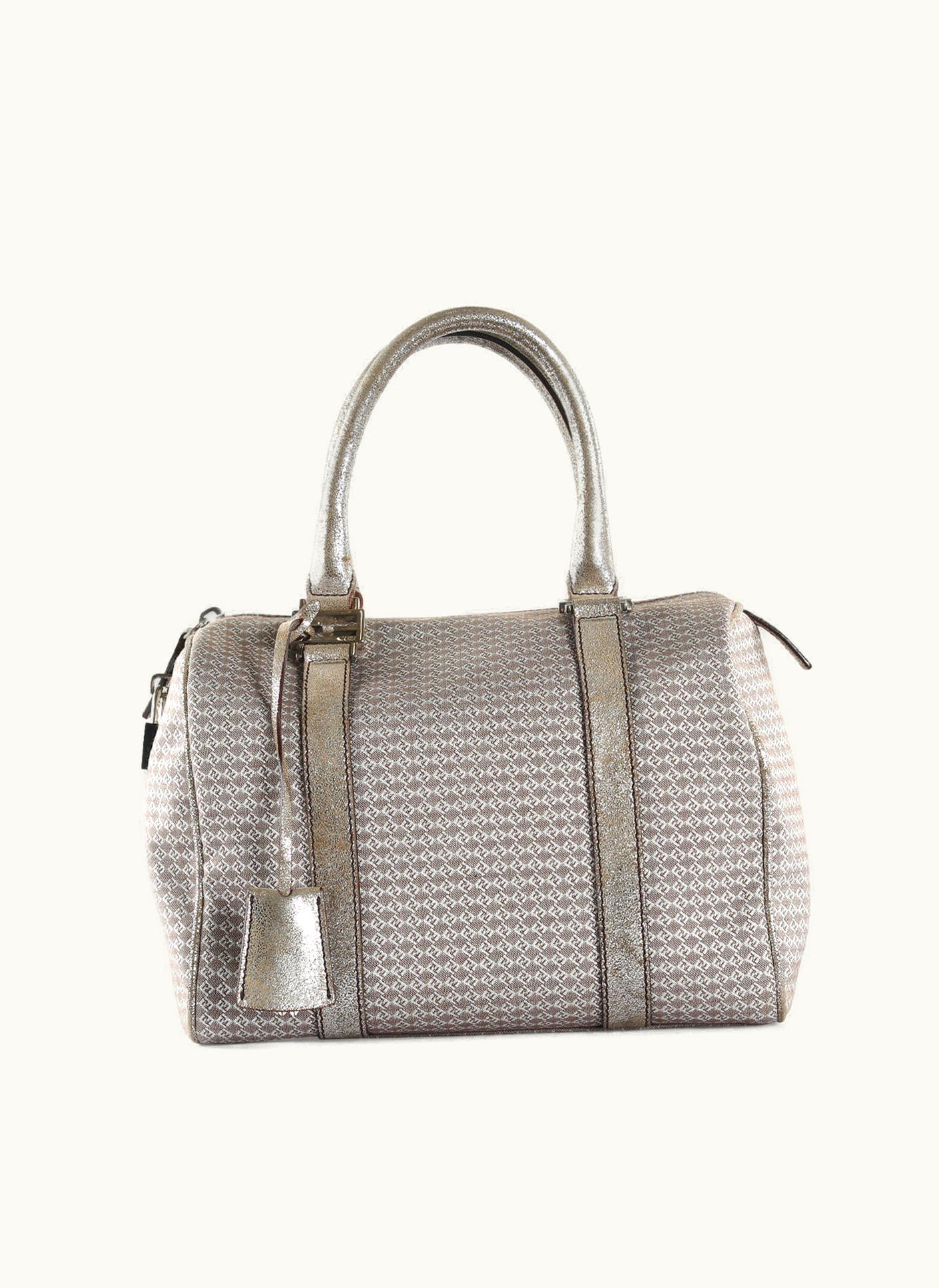 Fendi Fendi Metallic Silver/Brown Micro Zucchino Canvas & Leather Bauletto Forever Boston Bag