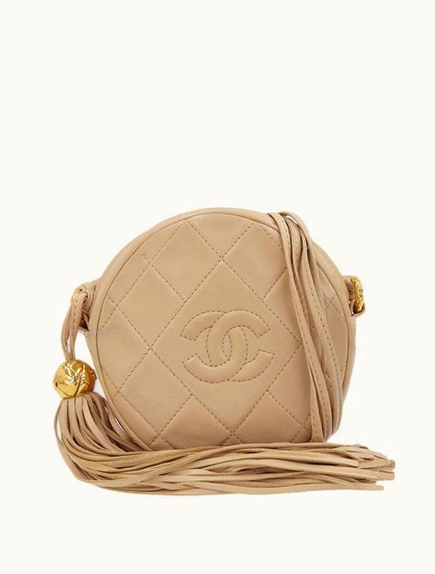 Chanel Chanel Around 1990 Made Round CC Mark Stitch Tassel Shoulder Bag Beige