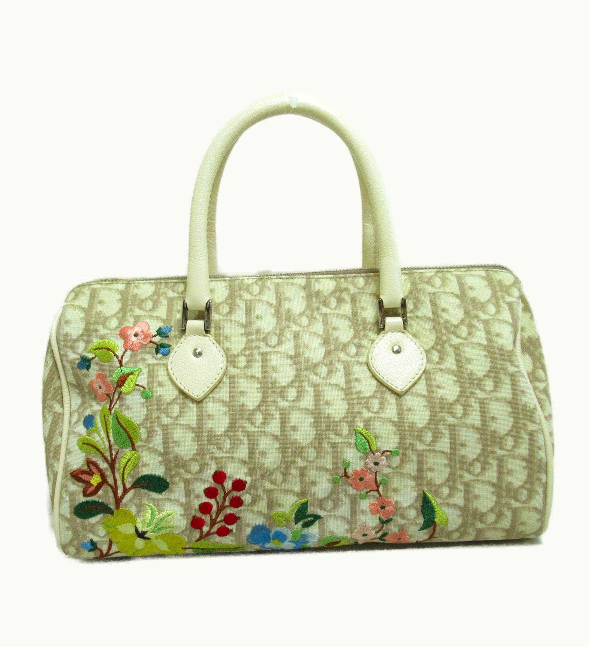 Dior Dior Trotter Boston Bag Beige Flower Embroidery Leather Pvc Coated Canvas