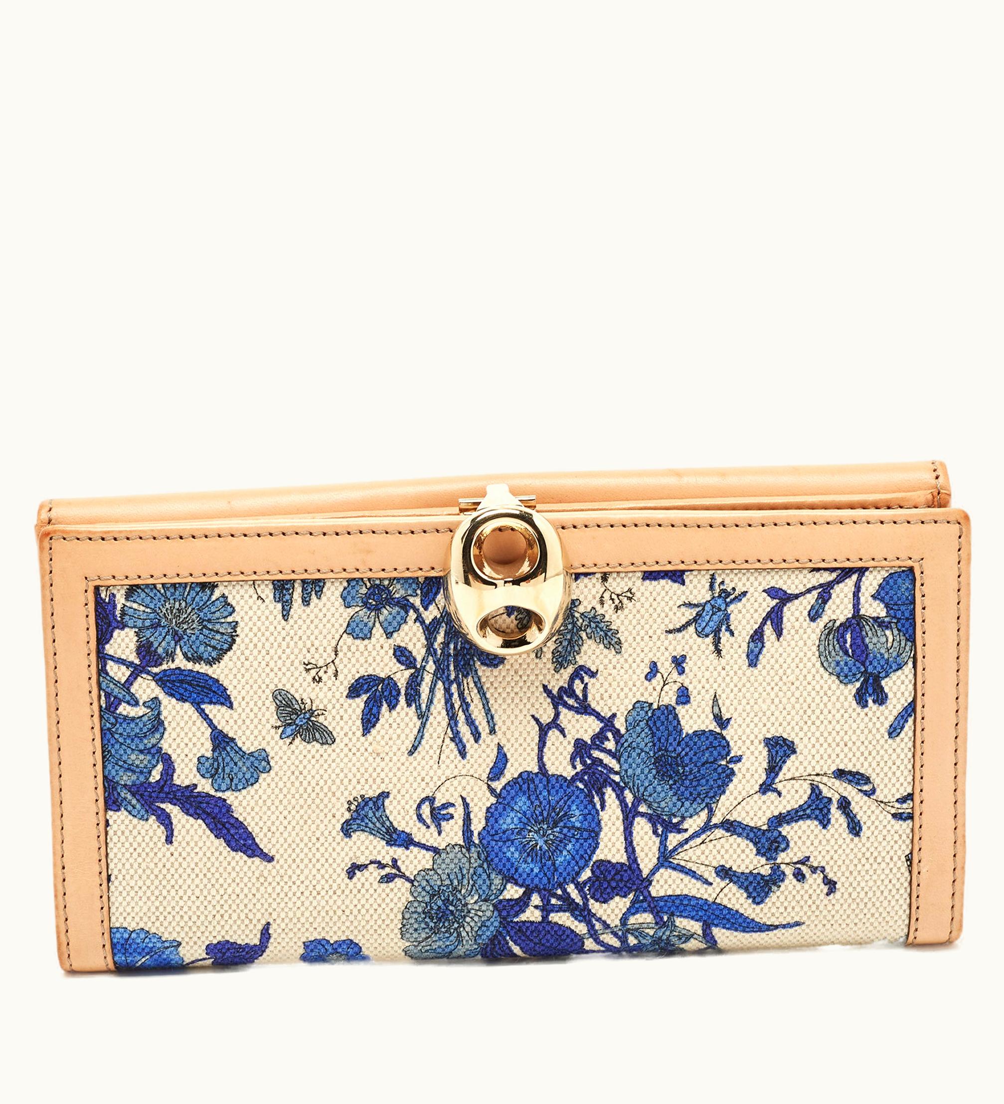 Gucci Gucci Blue/Beige Floral Print Canvas And Leather Wave Continental Wallet