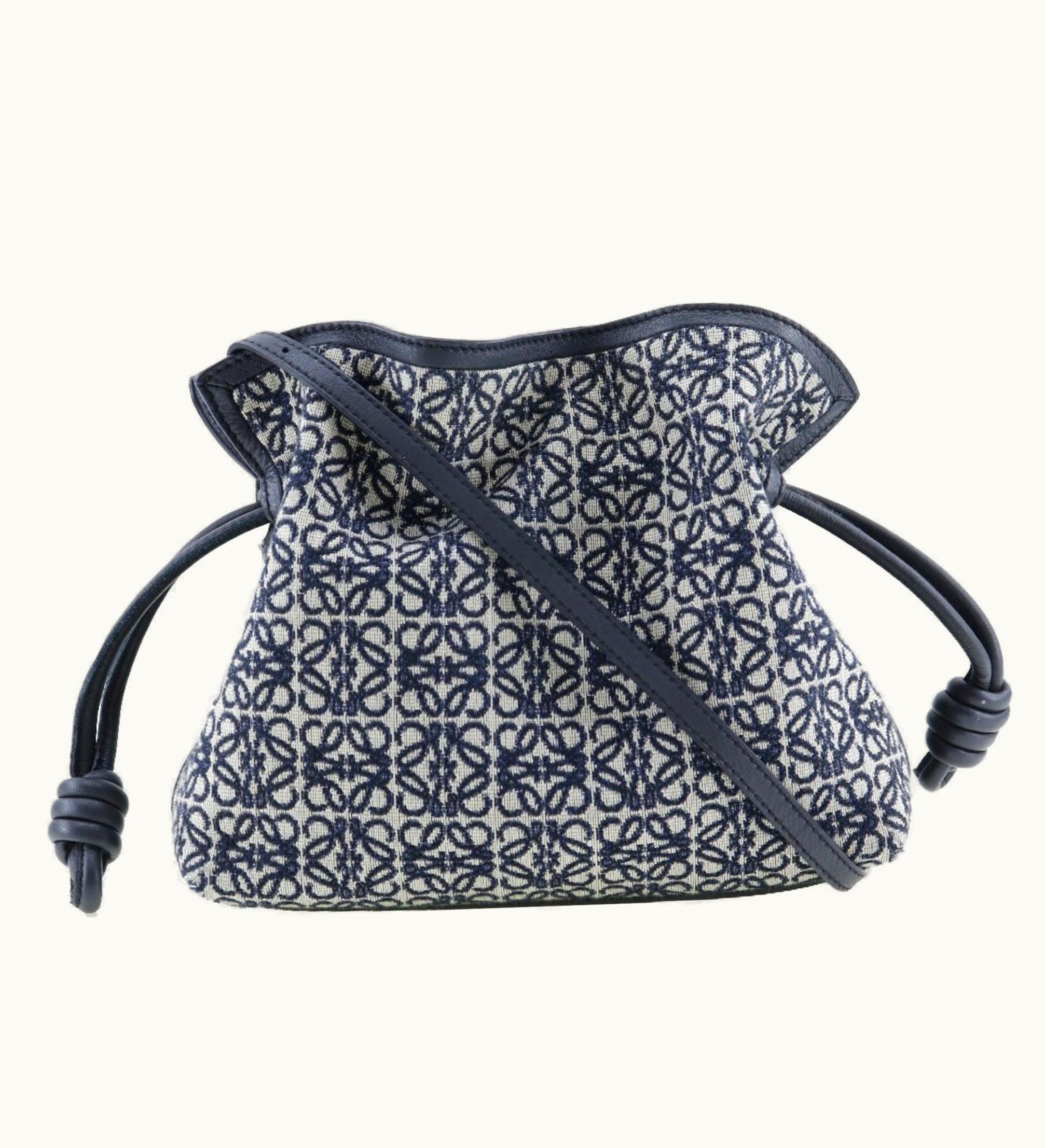 Loewe Loewe Flamenco Clutch Shoulder Bag Anagram A411Fc2X24 Calf X Jacquard Made In Spain Navy Crossbody 2Way Drawstring Women's