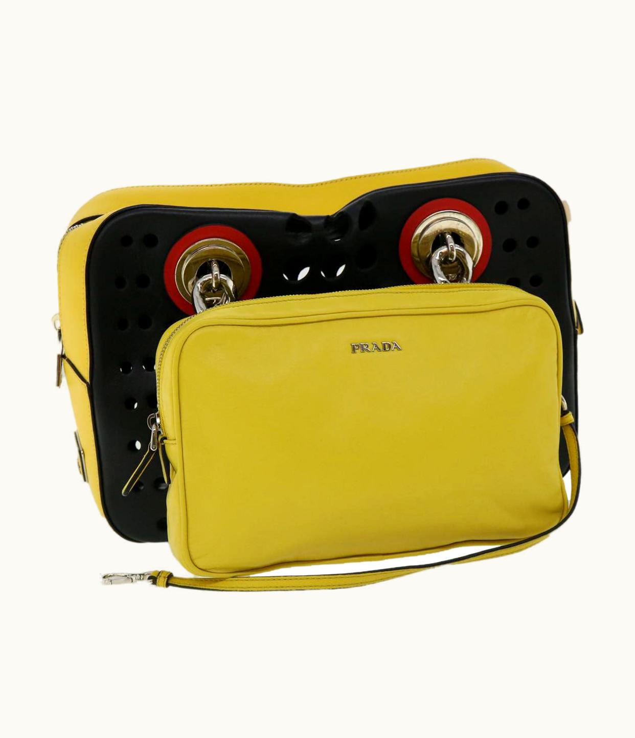 Prada Prada Chain Shoulder Bag Punching Leather Tricolor Black 15Ep127