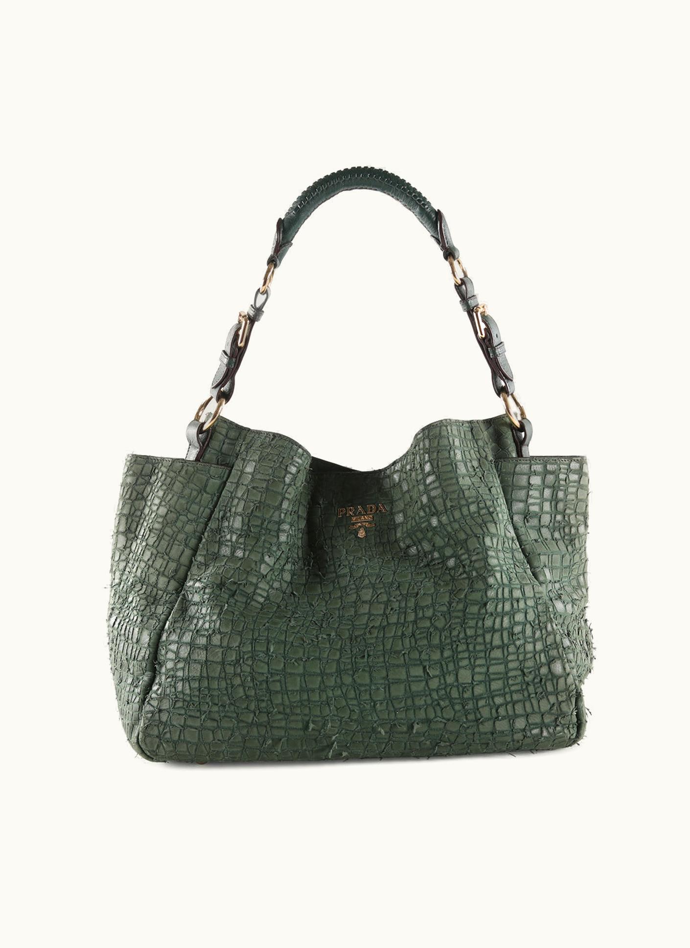 Prada Prada Green Crocodile Embossed Leather Tote Bag With Sides Pockets