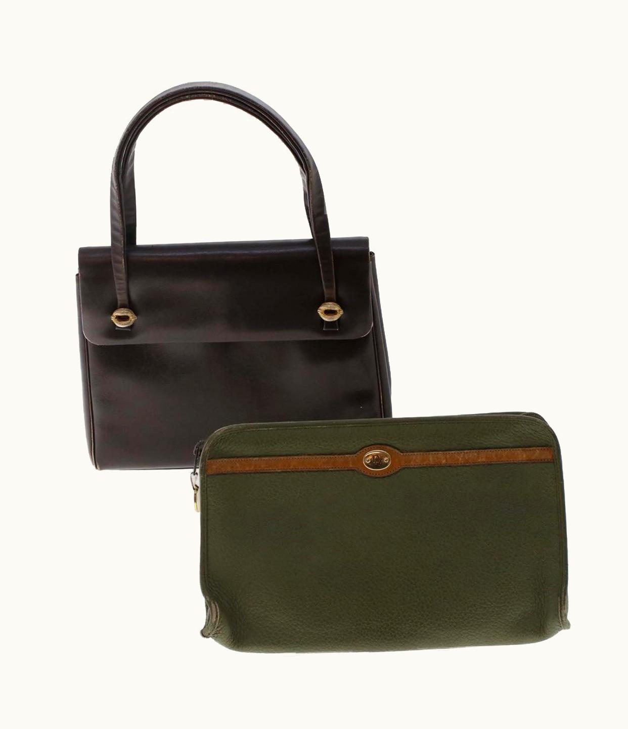 Dior Dior Christian Dior Shoulder Clutch Bag Leather 2Set Khaki Brown