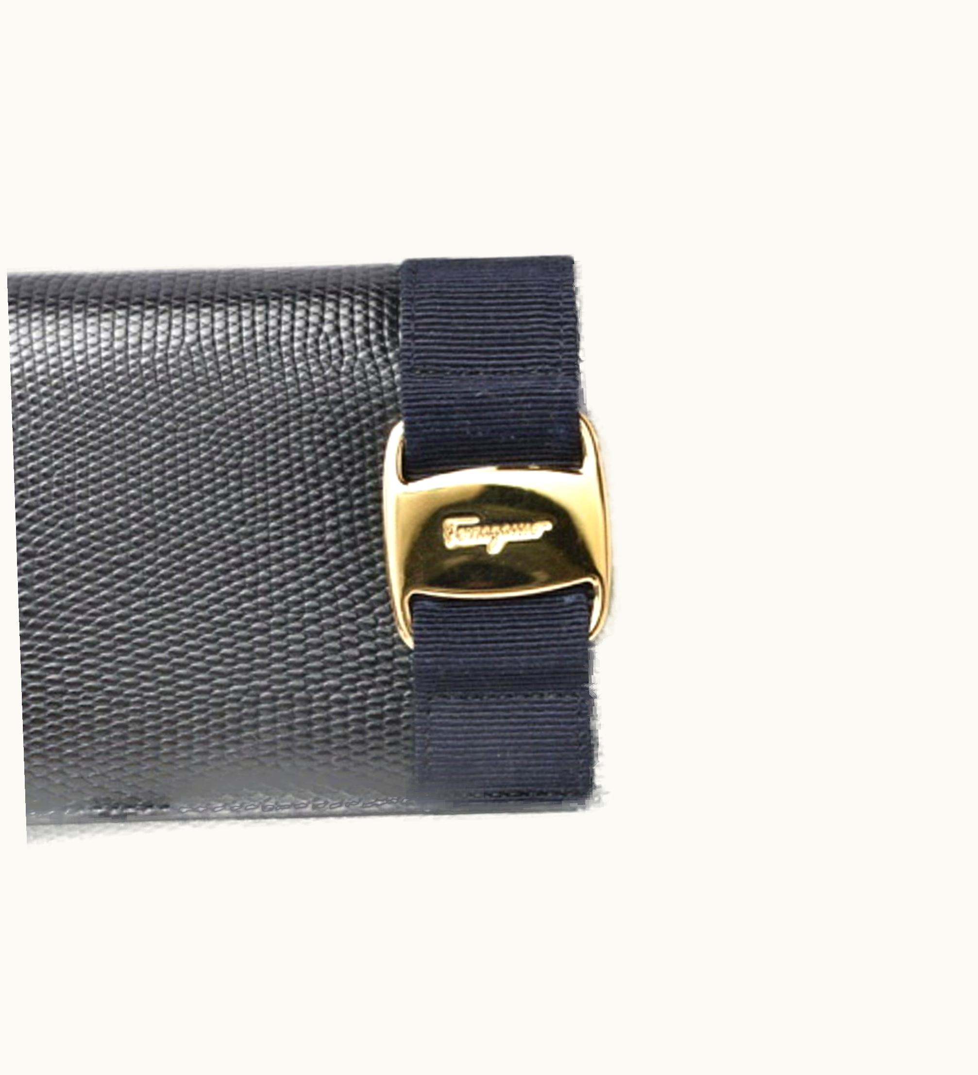 Salvatore Ferragamo Salvatore Ferragamo Ferragamo Salvatore Long Wallet Ribbon Embossed Leather Dark Navy