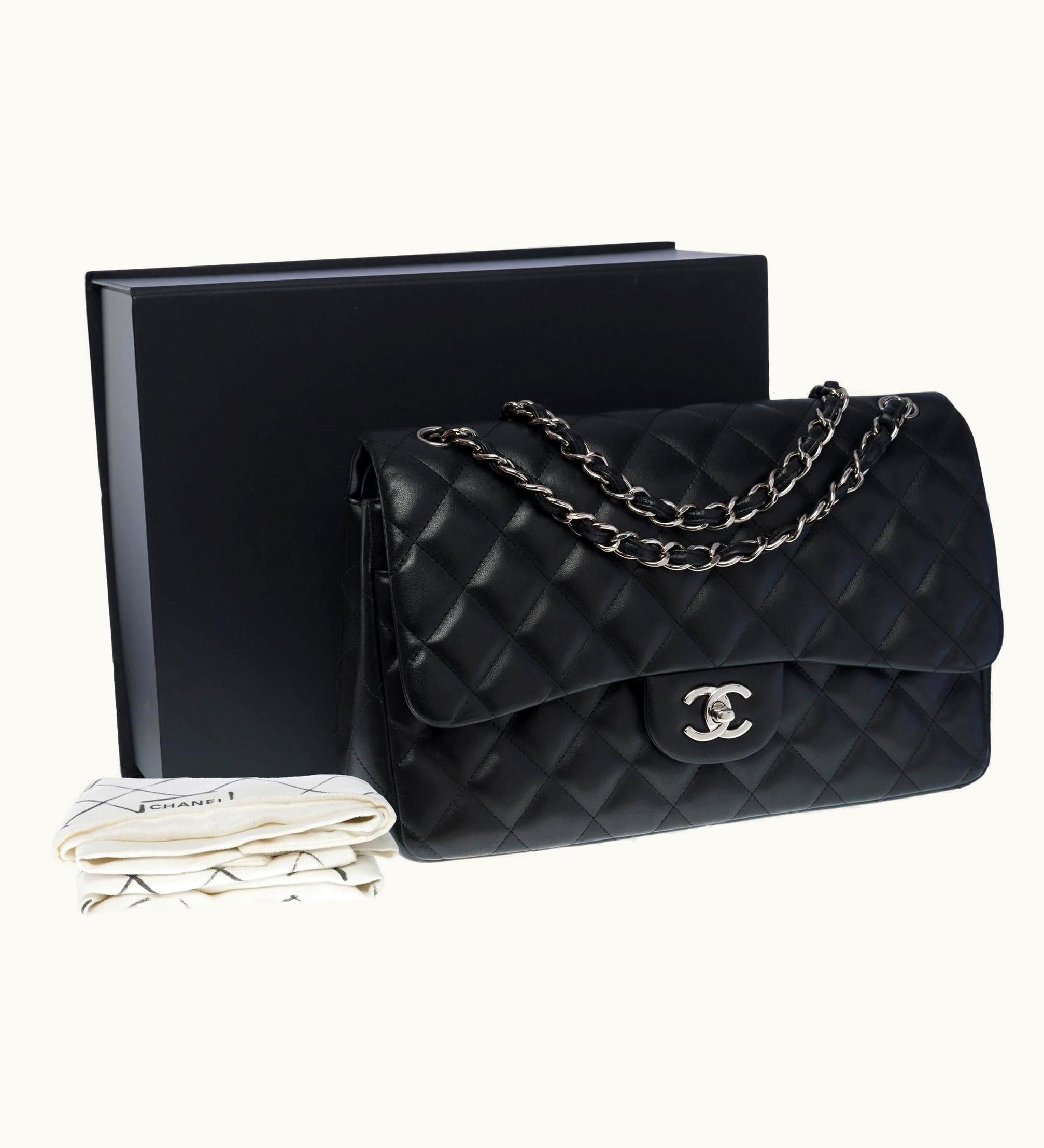 Chanel Chanel Timeless Jumbo Double Flap Shoulder Bag In Black Quilted Lamb Leather