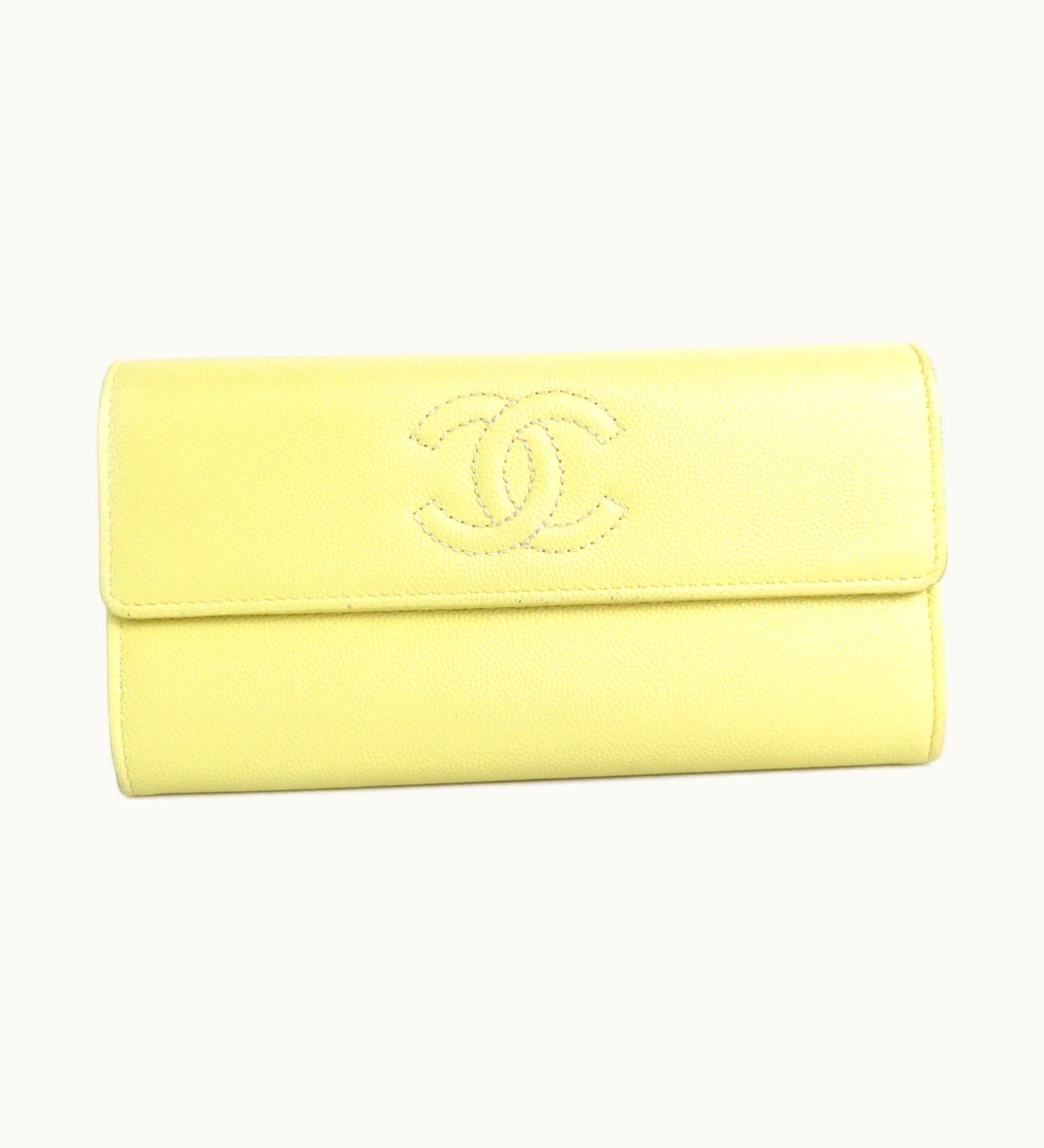 Chanel Chanel Long Wallet Coco Mark Caviar Skin Leather Light Yellow Women's R9578A