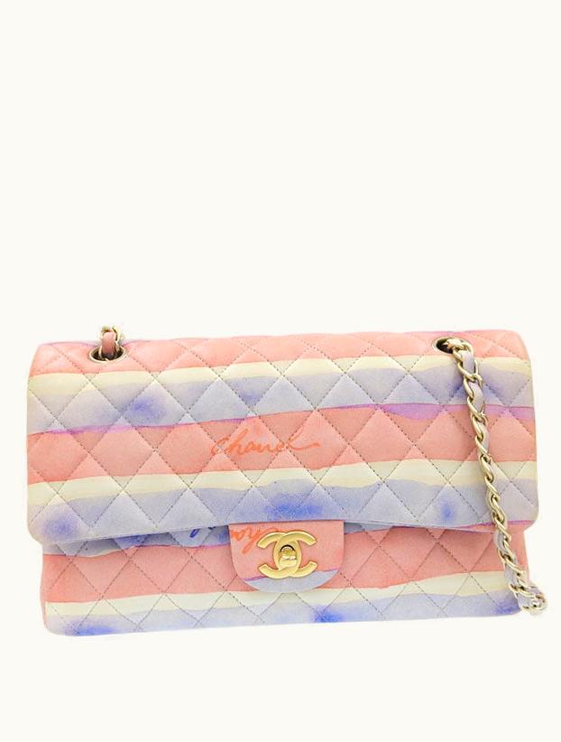 Chanel Chanel Around 2009 Made Watercolor Logo Print Classic Flap Chain Bag 25Cm Pink/Blue/White