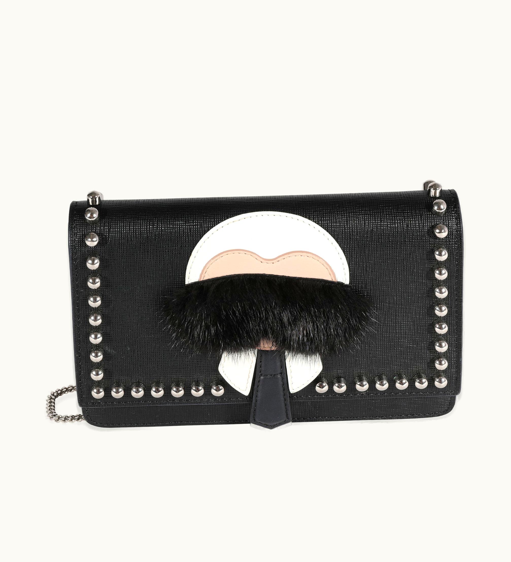 Fendi Fendi Black Vitello Elite & Mink Studded Karlito Chain Wallet