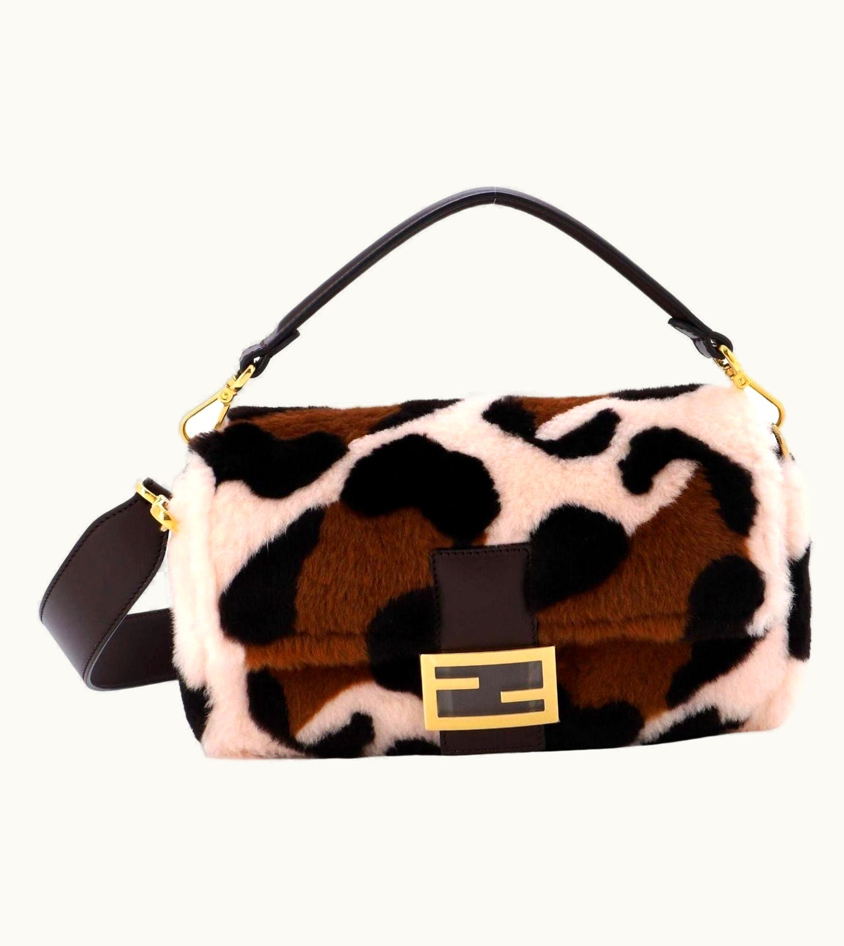 Fendi Fendi Leather Large Shearling Baguette NM Brown Pink Crossbody New