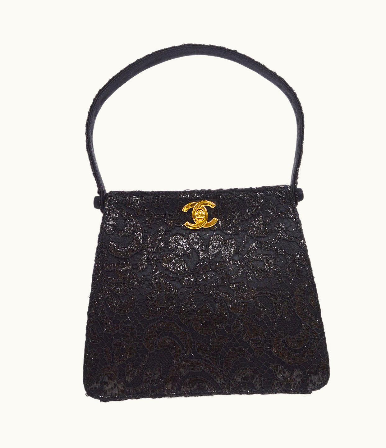 Chanel Chanel * Lace Both Side Handbag Black Satin 57058