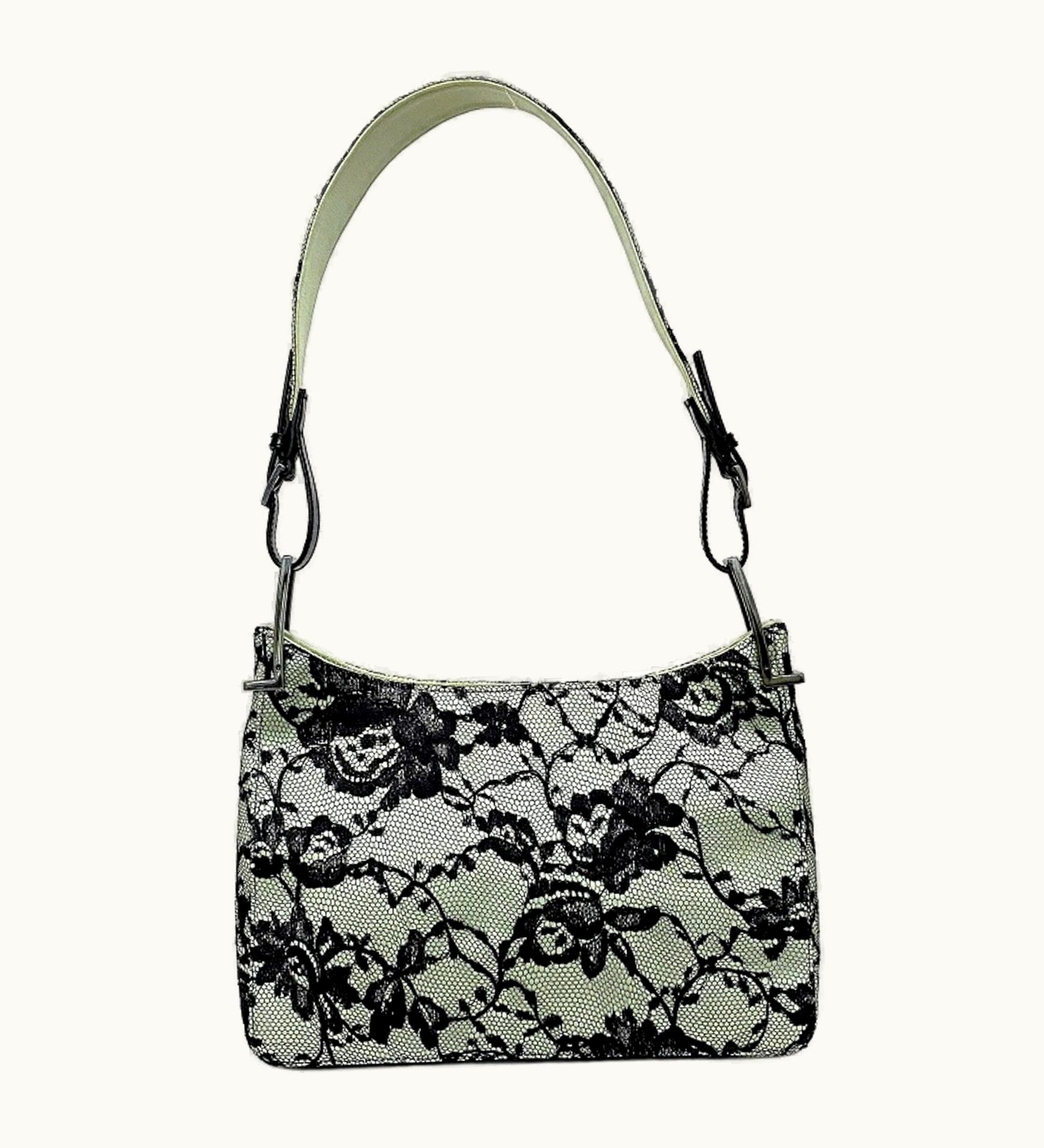 Gucci Handbag Green Black One Shoulder Bag Satin Lace Leather Gucci Flower Semi Ladies Mint