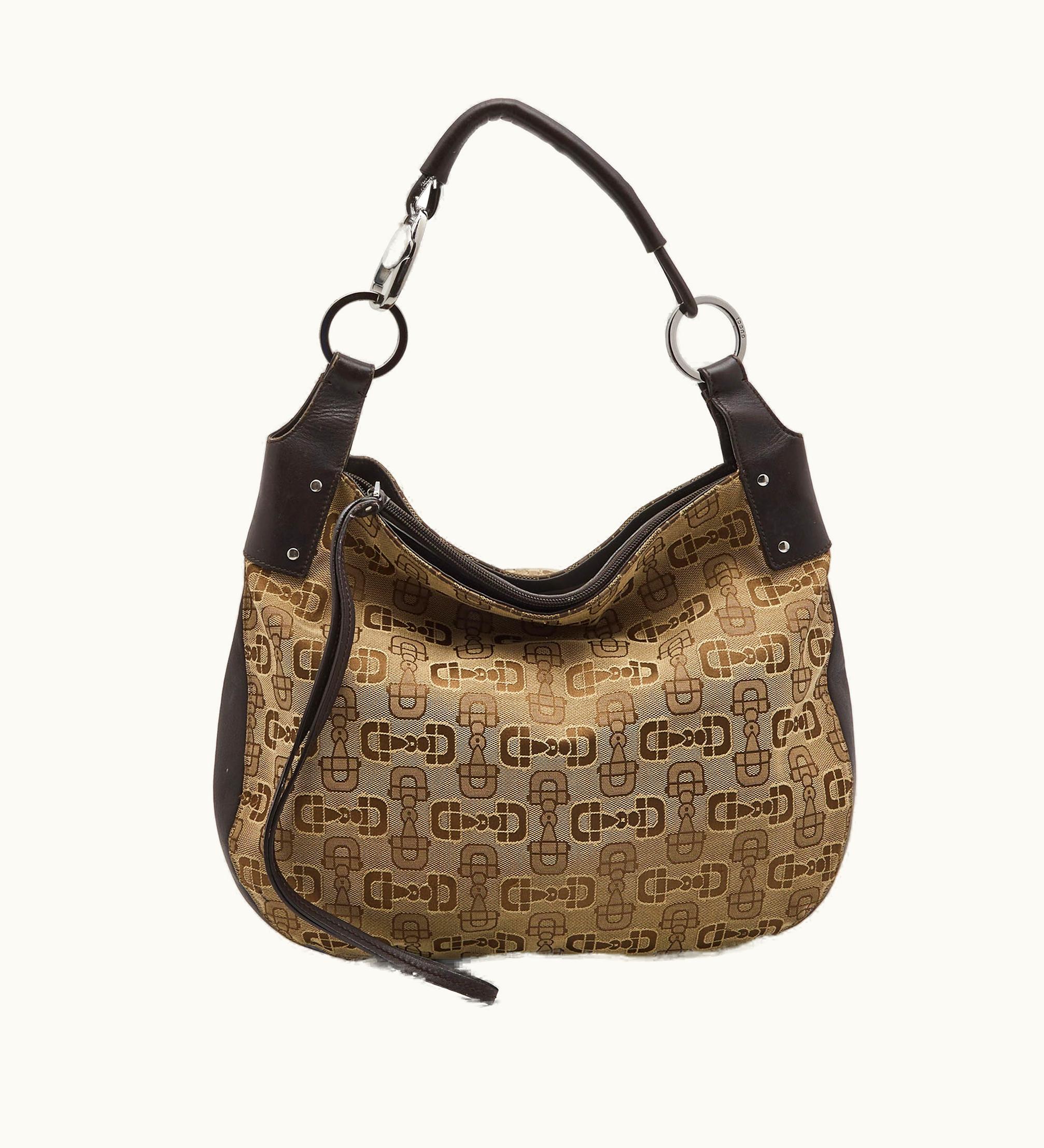 Gucci Dark Brown/Beige Horsebit Canvas And Leather Hobo