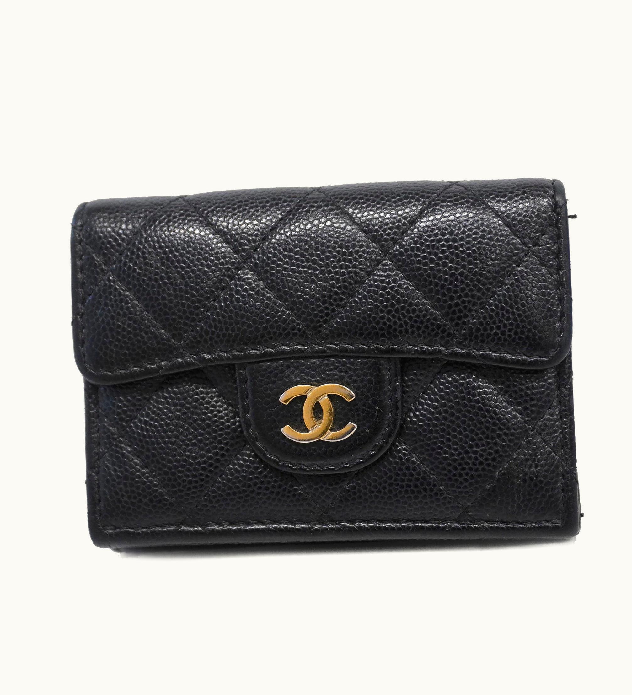 Chanel Matelasse Tri-Fold Wallet Women's Caviar Leather Wallet Black