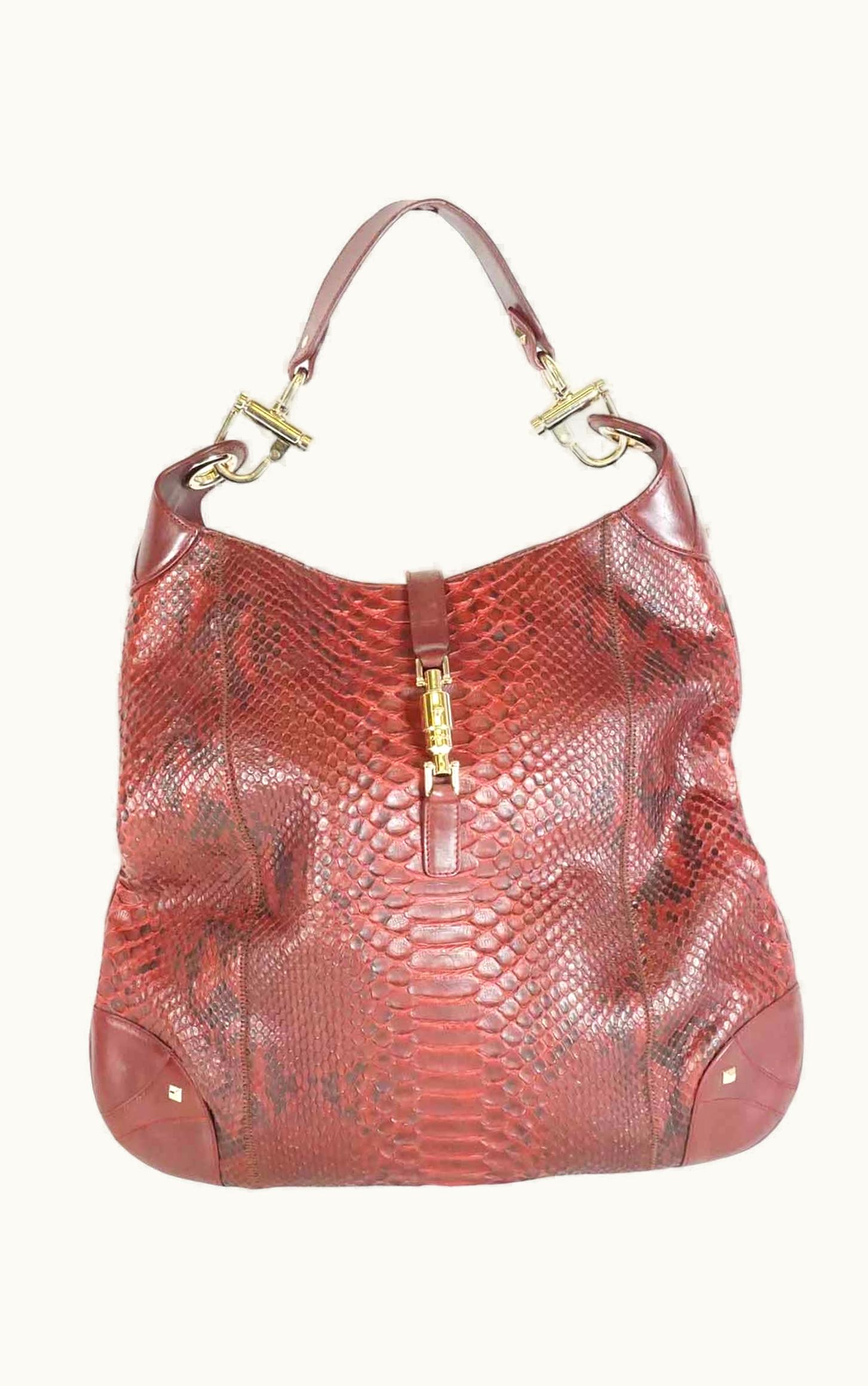 Gucci Burgundy Snakeskin Large Tote Bag With Gold Tone Stud Details And Signature Piston Lock