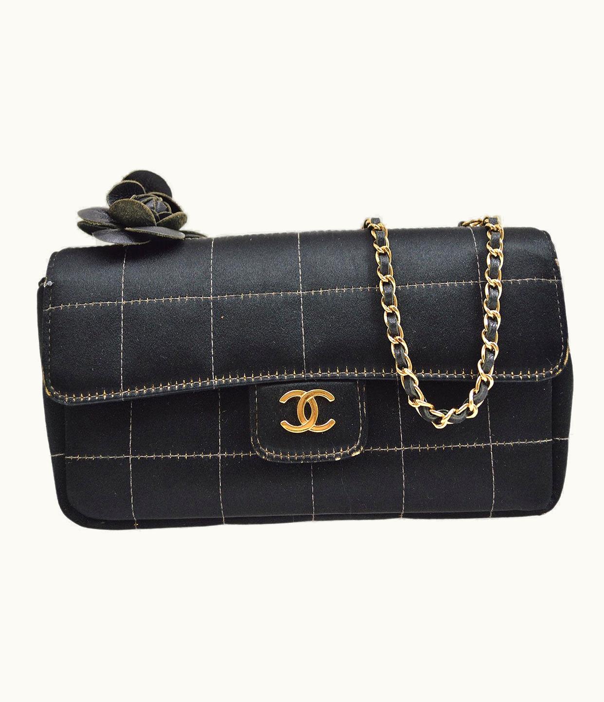 Chanel 2003-2004 Camellia Choco Bar Chain Shoulder Bag Black Satin 00704