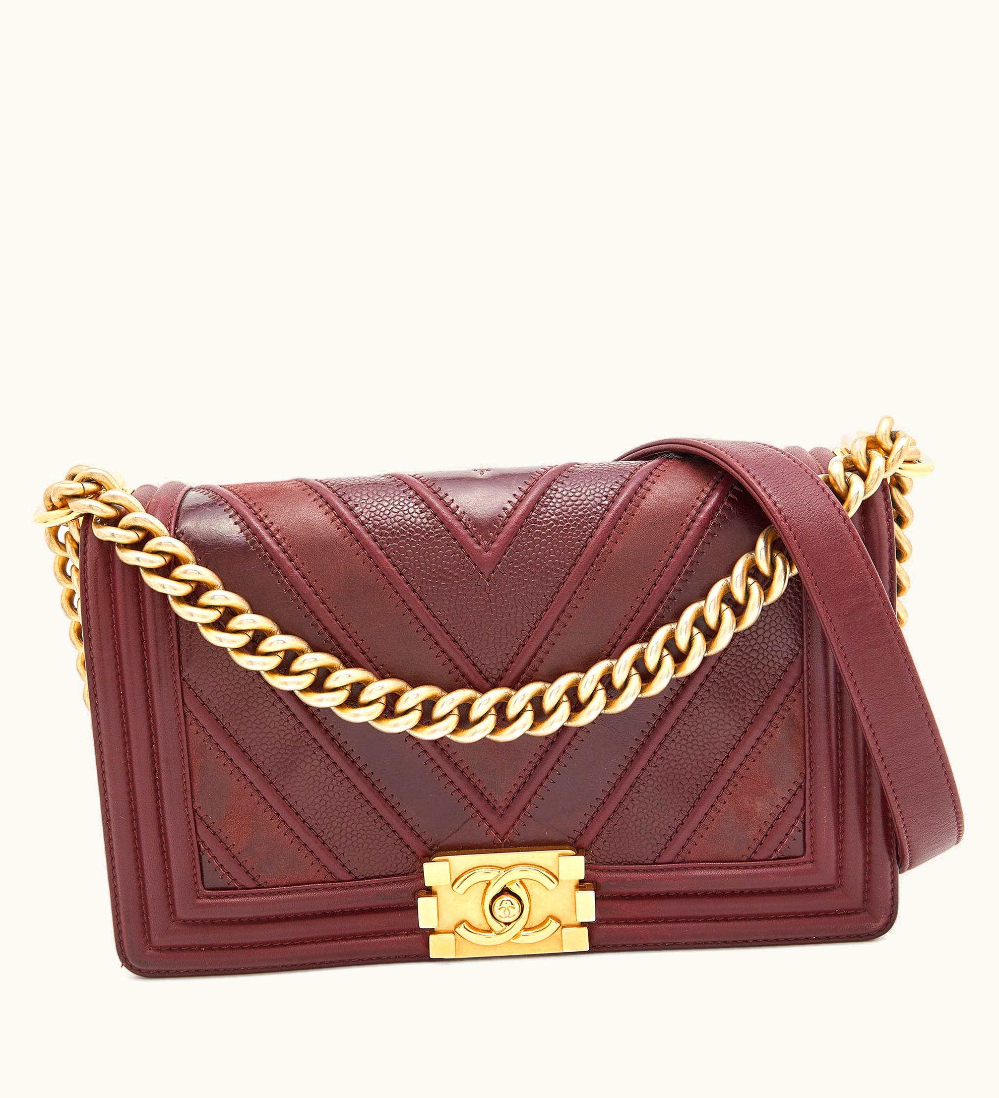 Chanel Burgundy Chevron Caviar And Leather Medium Boy Flap Bag
