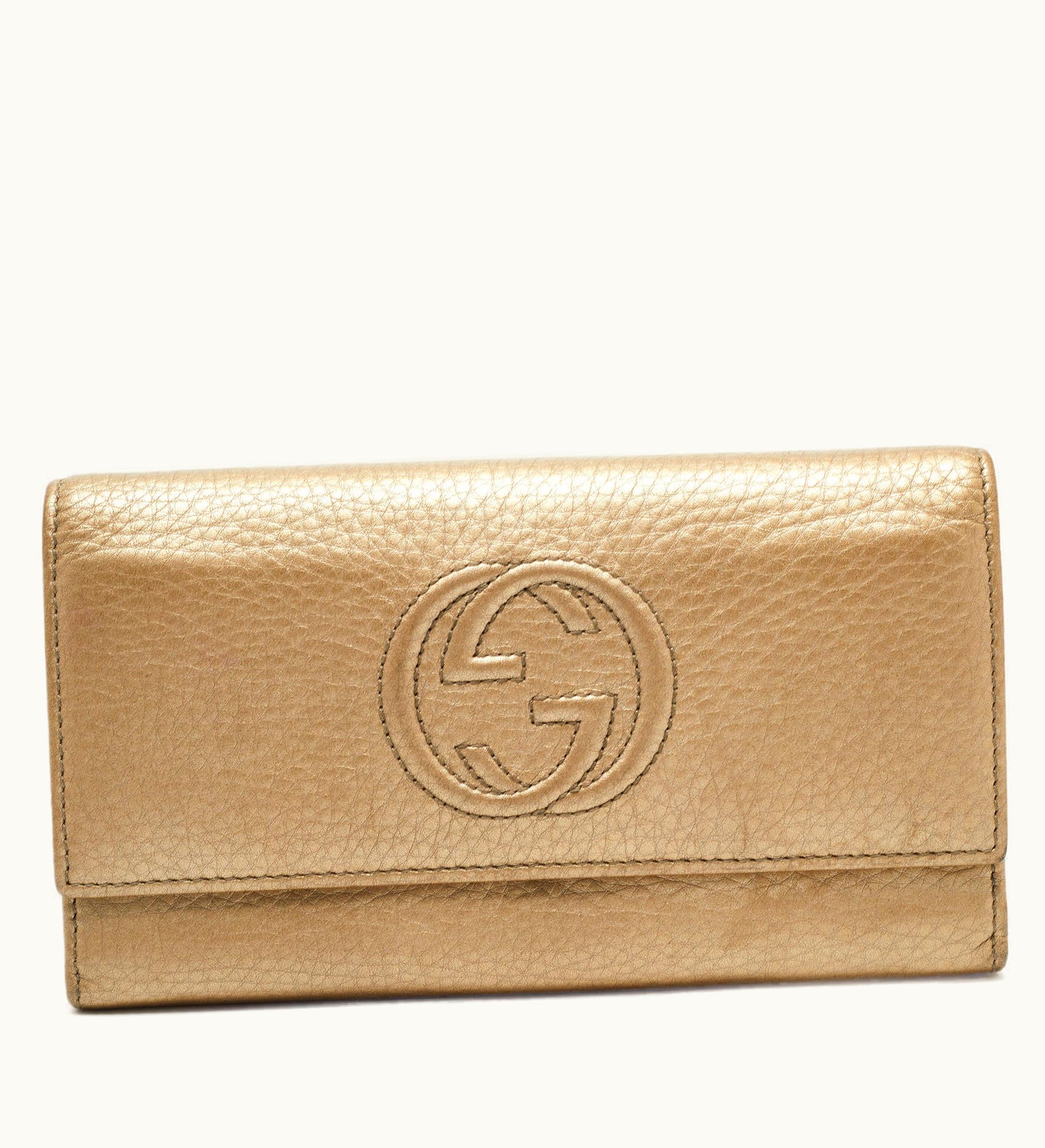 Gucci Metallic Beige Leather Soho Flap Continental Wallet