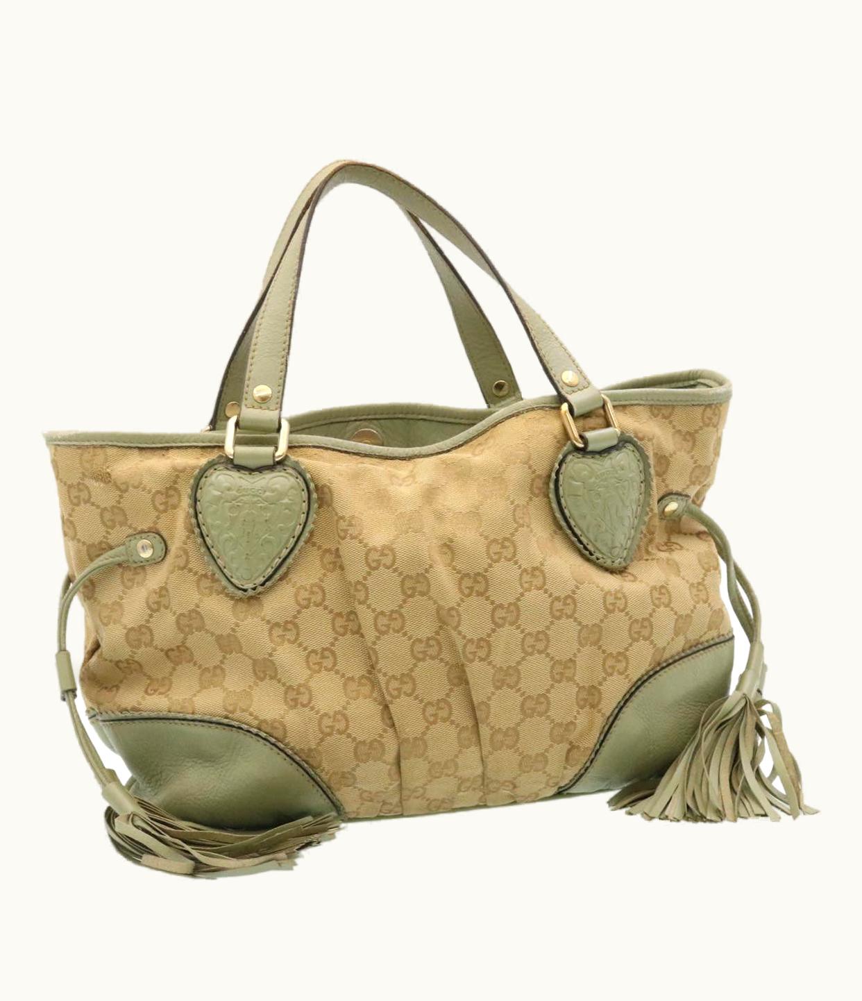 Gucci GG Canvas Tote Bag Fringe Beige Green