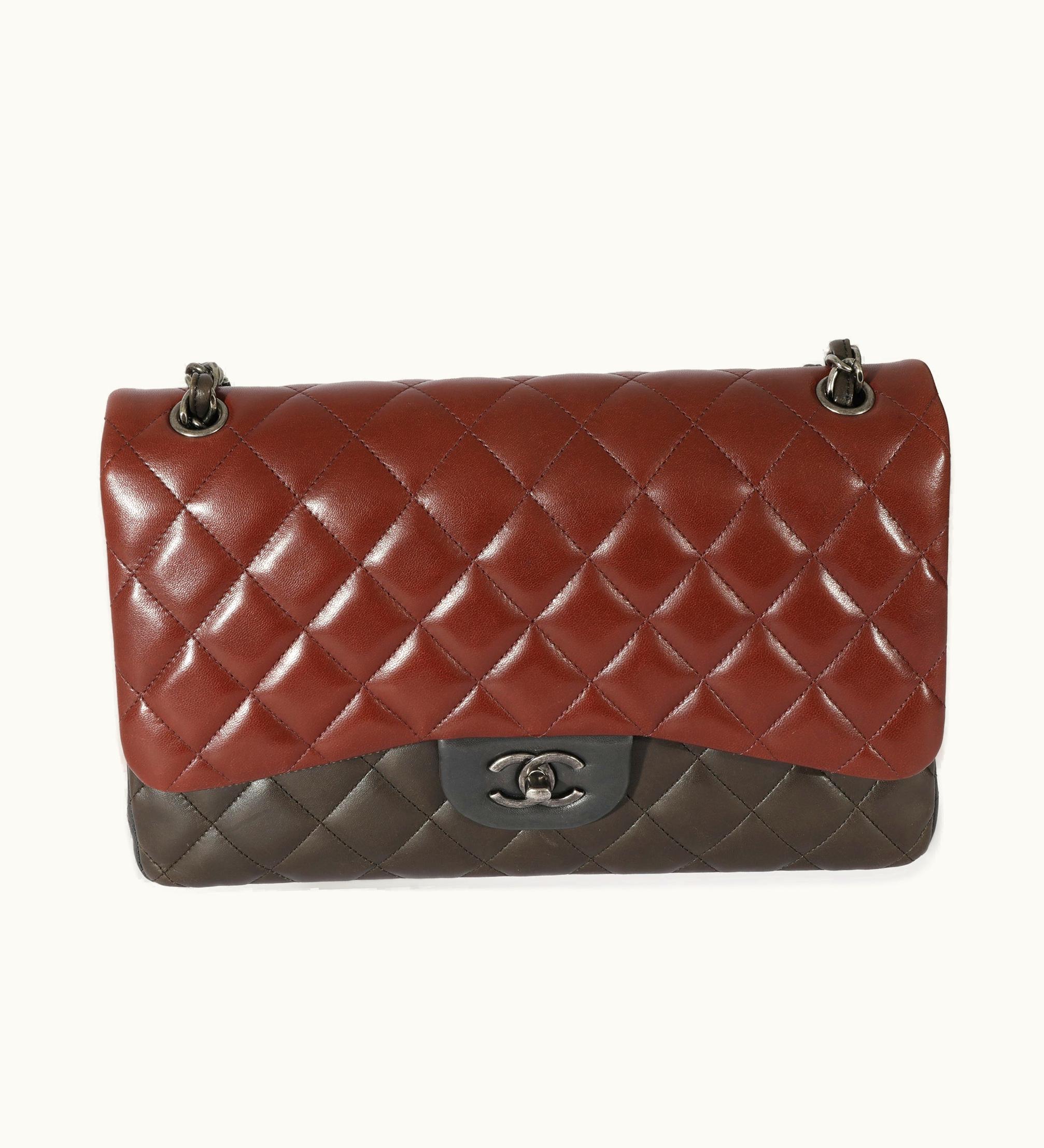 Chanel Jumbo Double Flap Bag in Bi-Color Burgundy & Gray Lambskin