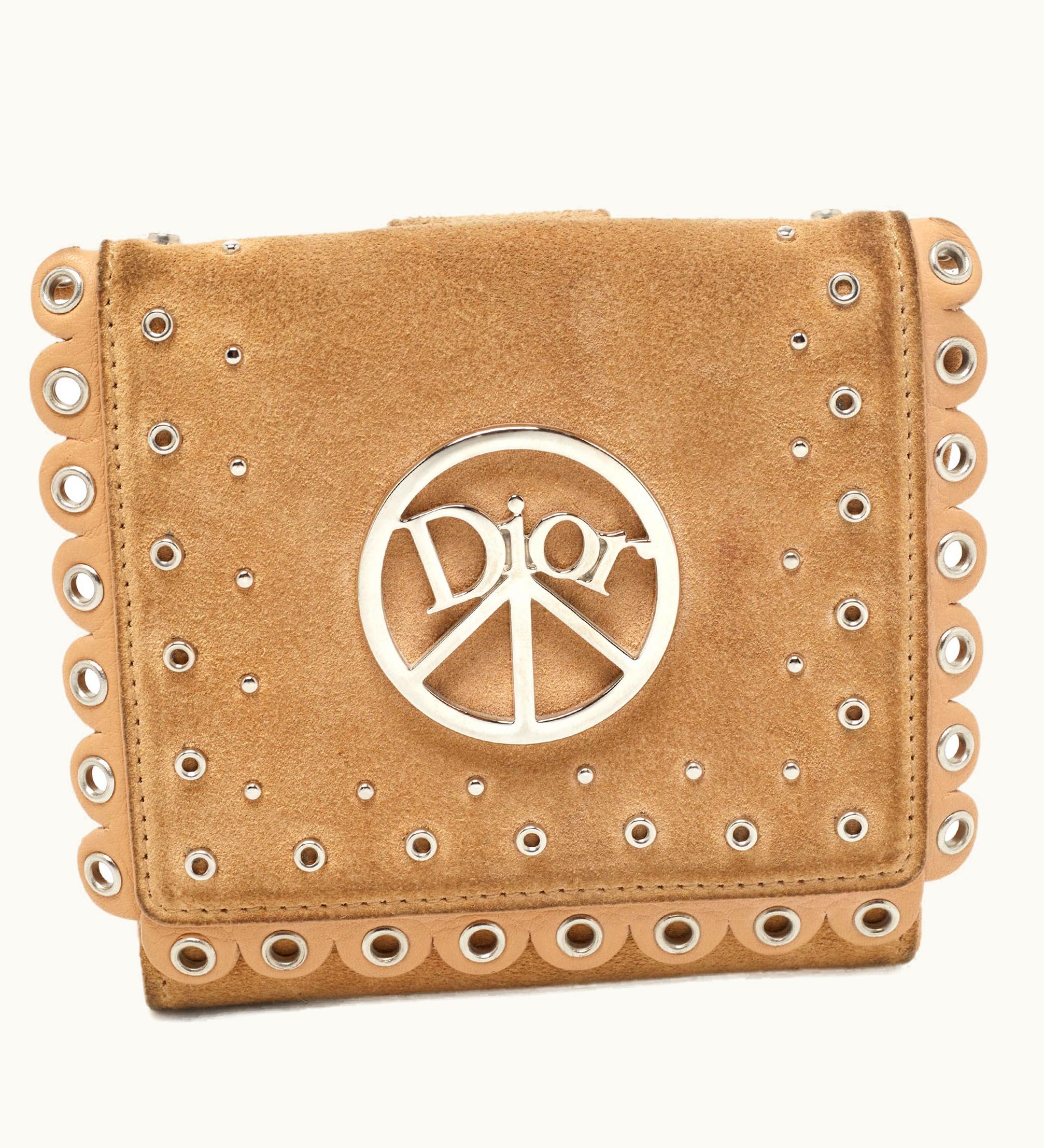 Dior Beige Leather And Suede Grommet Logo Trifold Wallet