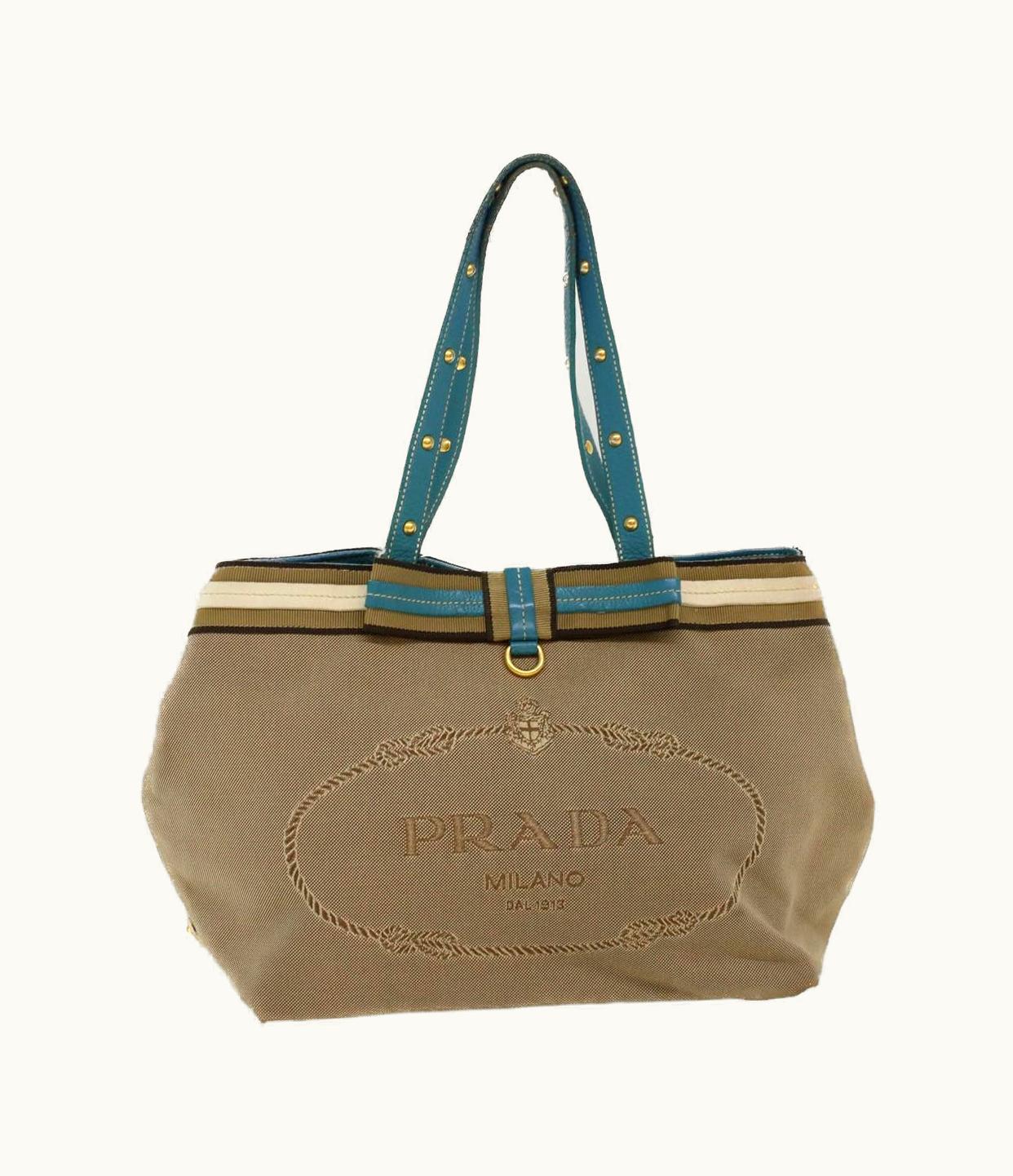 Prada Tote Bag Canvas Leather Beige Light Blue