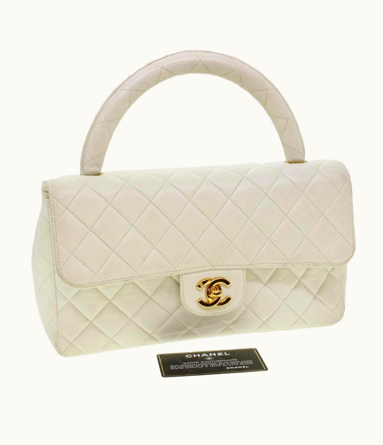 Chanel Child Bag Hand Bag Lamb Skin White CC