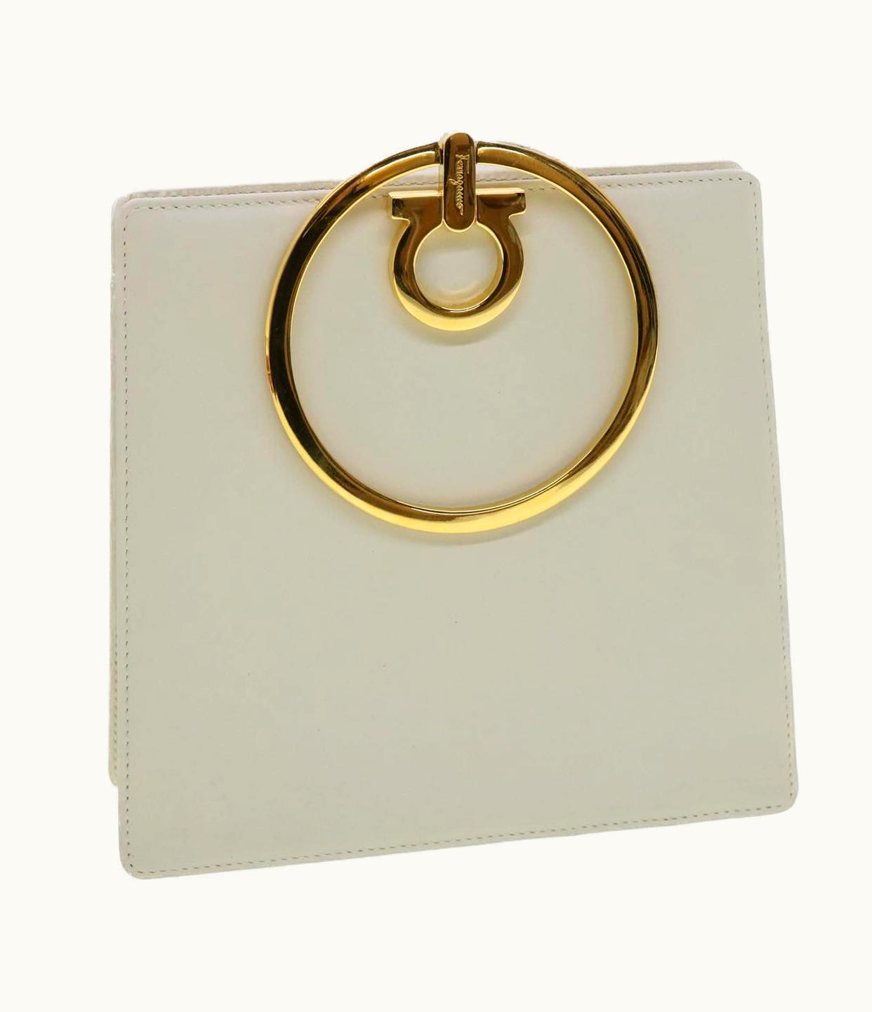 Salvatore Ferragamo Gancini Hand Bag Leather White Gold Tone