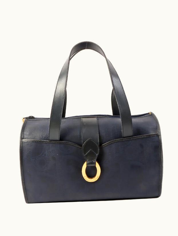 Dior Logo Pattern Oval Logo Plate Boston Bag Navy